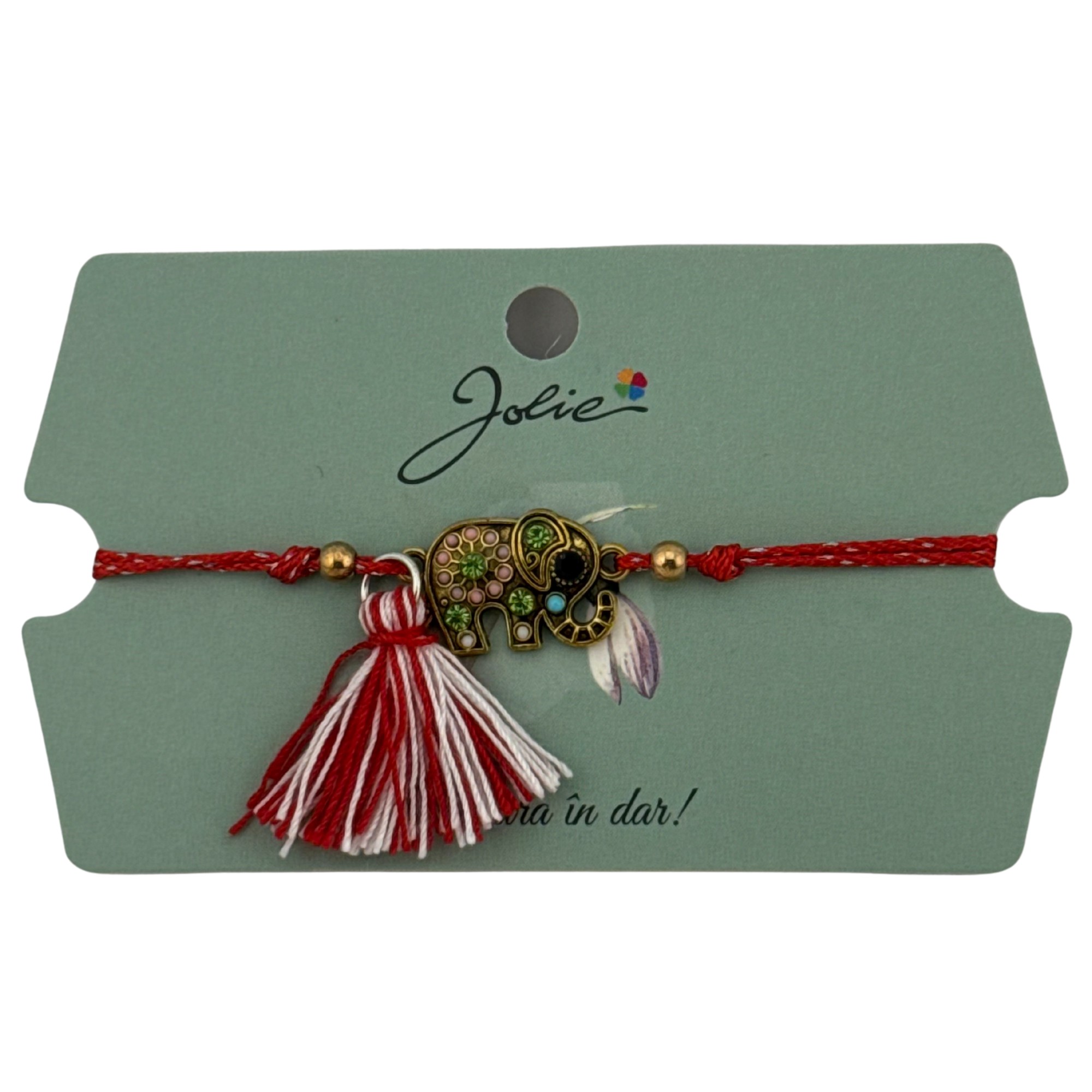 Martisor Bratara Ciucure, Jolie, Snur Rosu Reglabil, cu Pandantiv, Model Elefant