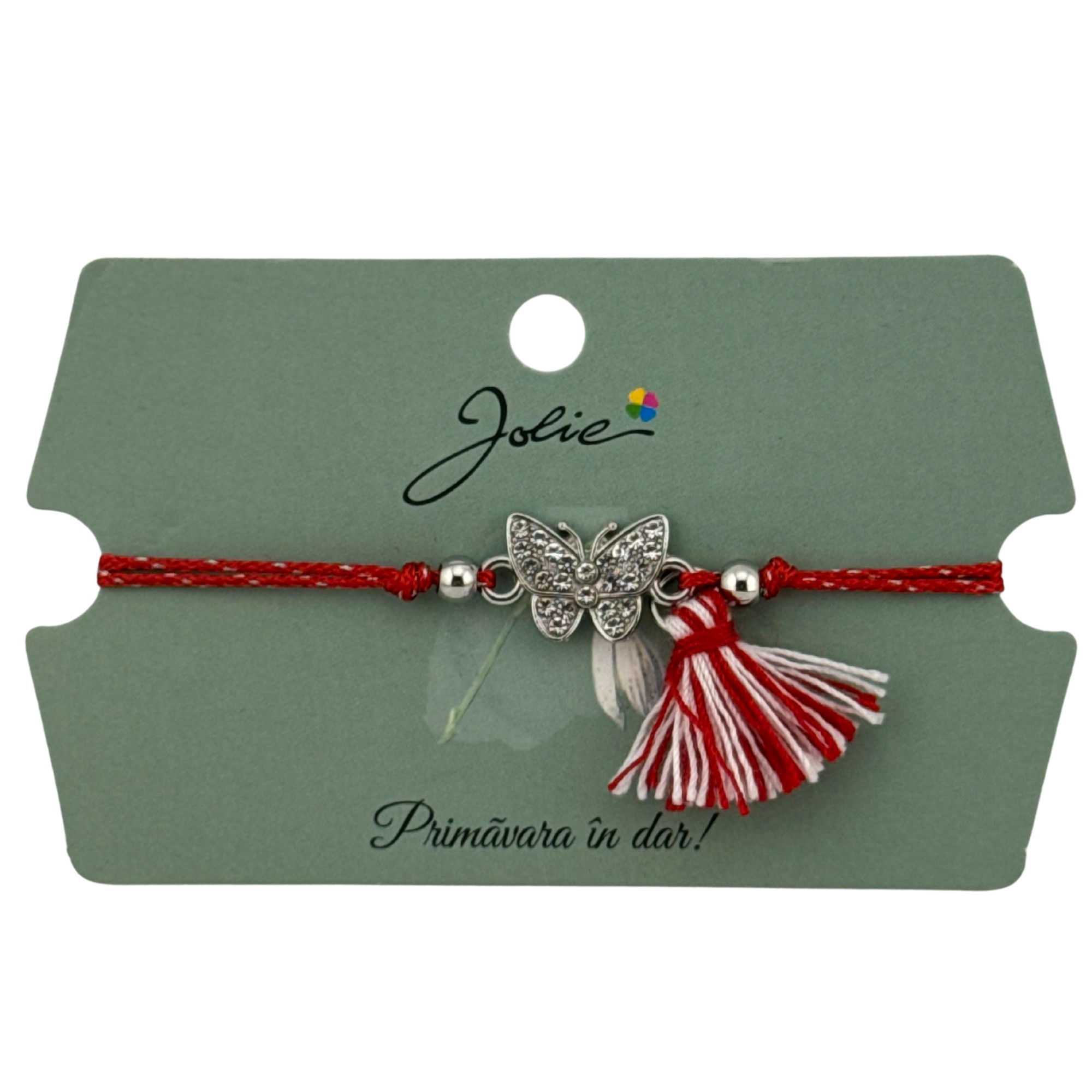 Martisor Bratara Ciucure, Jolie, Snur Rosu Reglabil, cu Pandantiv, Model Fluturas