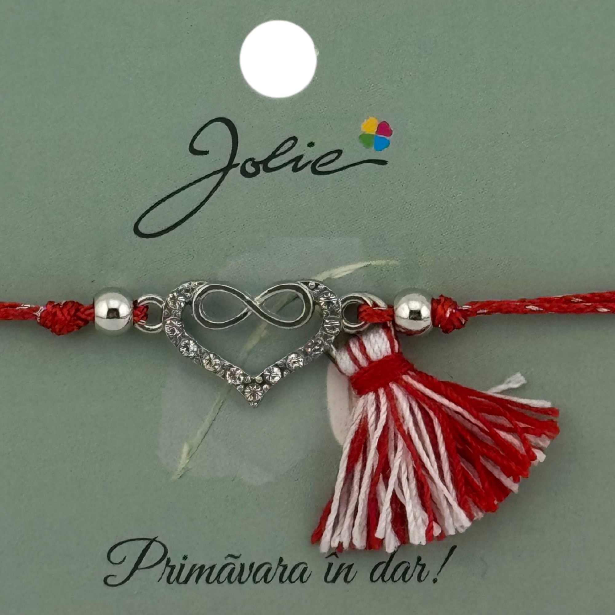 Martisor Bratara Ciucure, Jolie, Snur Rosu Reglabil, cu Pandantiv, Model Inima Infinit