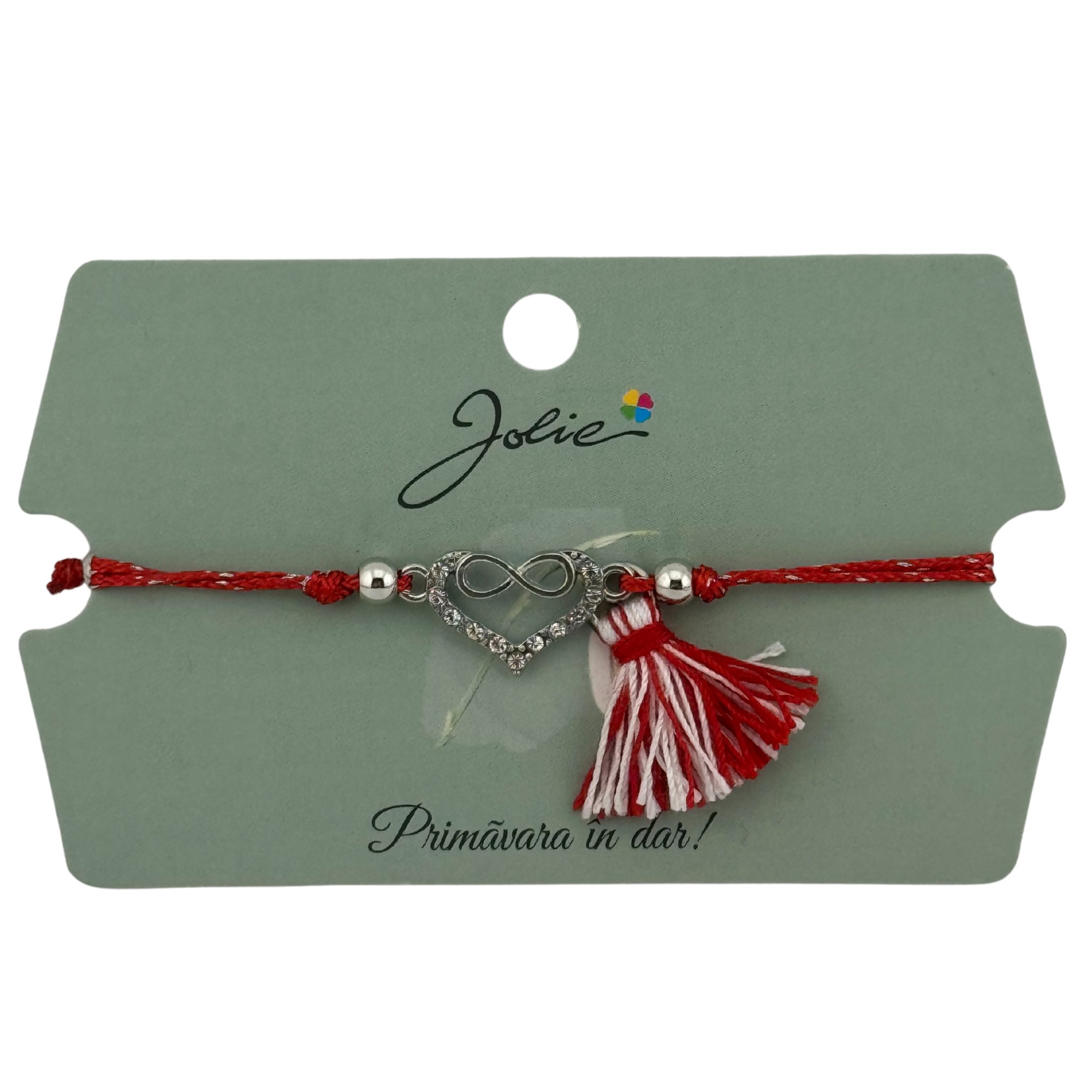 Martisor Bratara Ciucure, Jolie, Snur Rosu Reglabil, cu Pandantiv, Model Inima Infinit