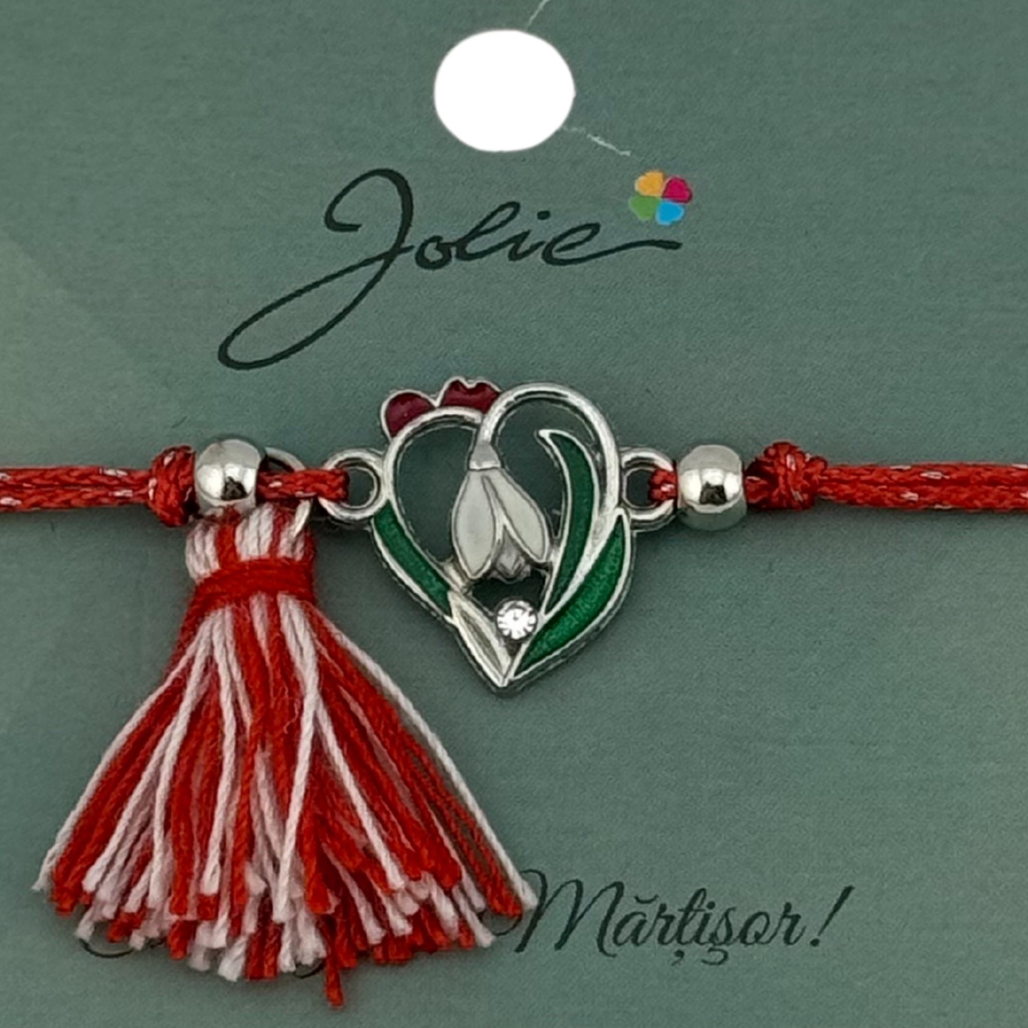 Martisor Bratara Ciucure, Jolie, Snur Rosu Reglabil, cu Pandantiv, Model Ghiocel Primavara