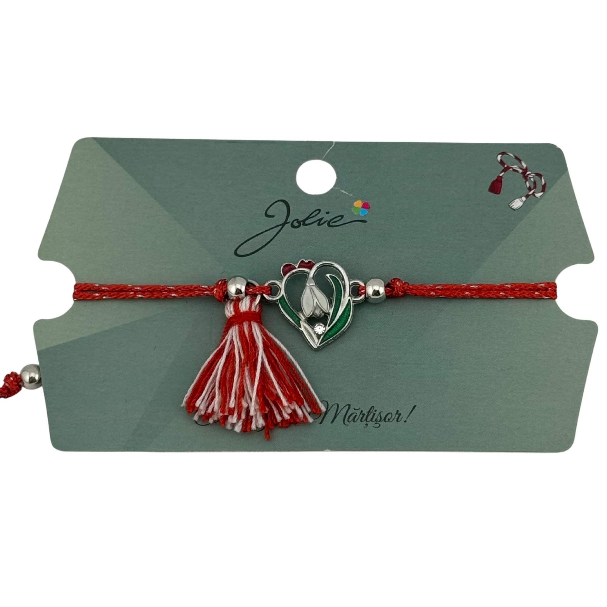 Martisor Bratara Ciucure, Jolie, Snur Rosu Reglabil, cu Pandantiv, Model Ghiocel Primavara