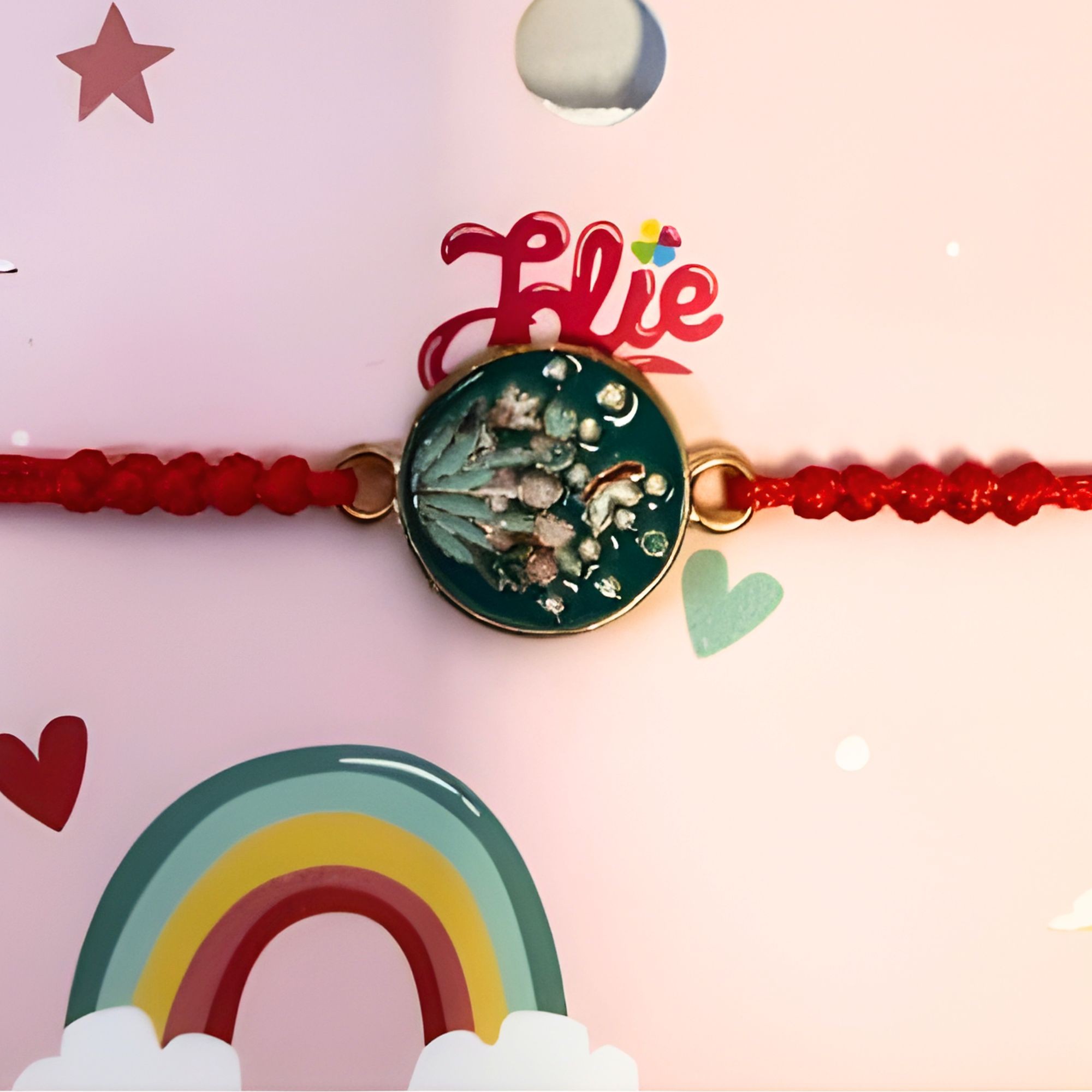 Martisor Bratara pentru Copii, Jolie, Model Cerc cu Flori, Snur cu Impletitura Rosu Reglabil, Verde