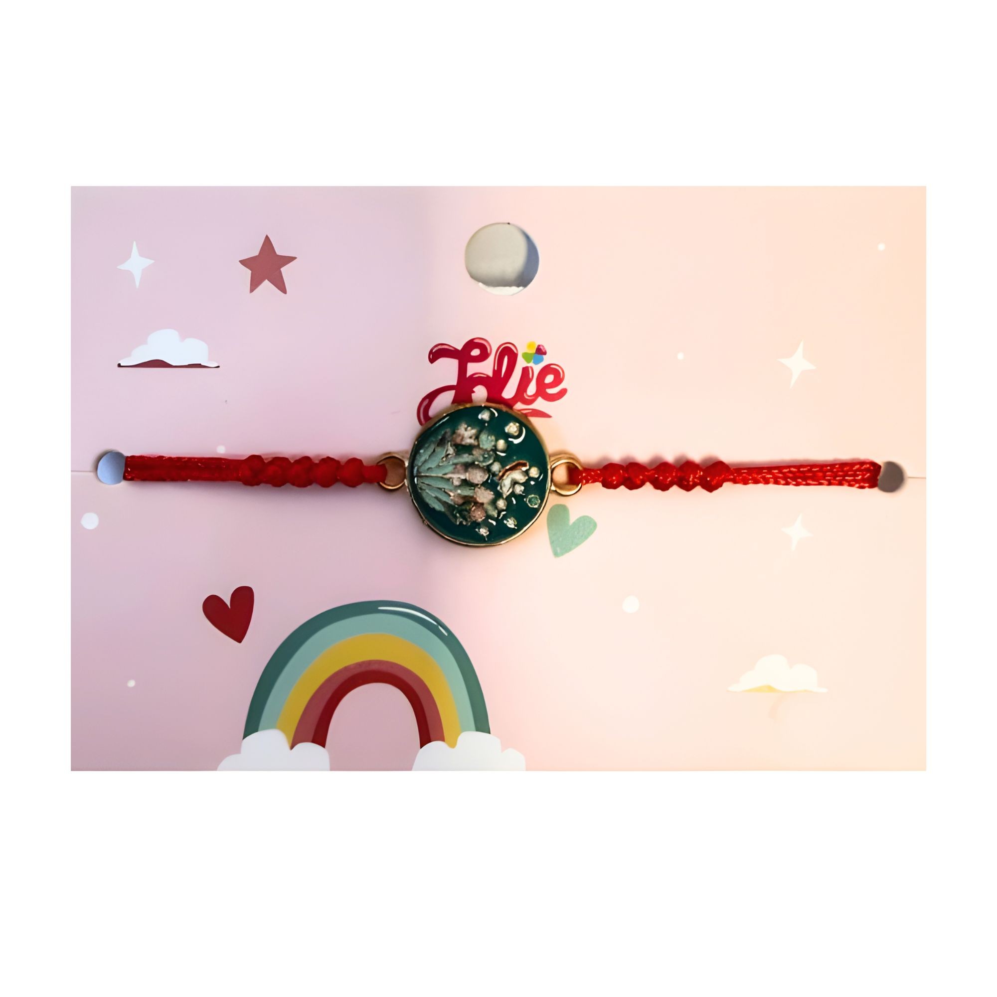 Martisor Bratara pentru Copii, Jolie, Model Cerc cu Flori, Snur cu Impletitura Rosu Reglabil, Verde