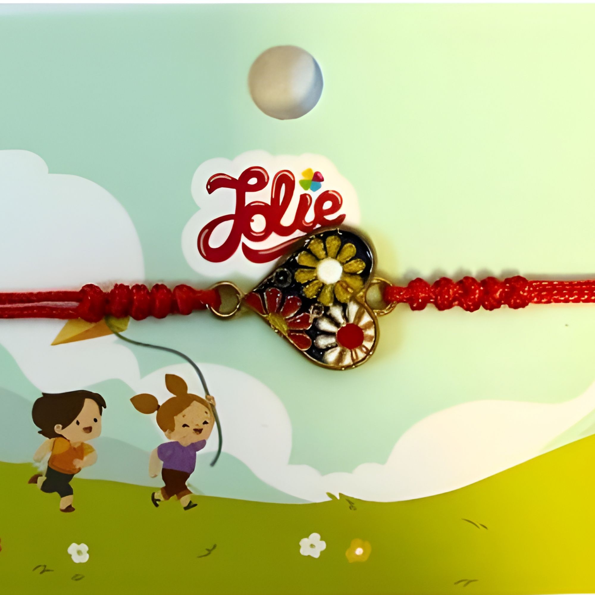 Martisor Bratara pentru Copii, Jolie, Model Inima cu Flori, Snur cu Impletitura Rosu Reglabil, Multicolor