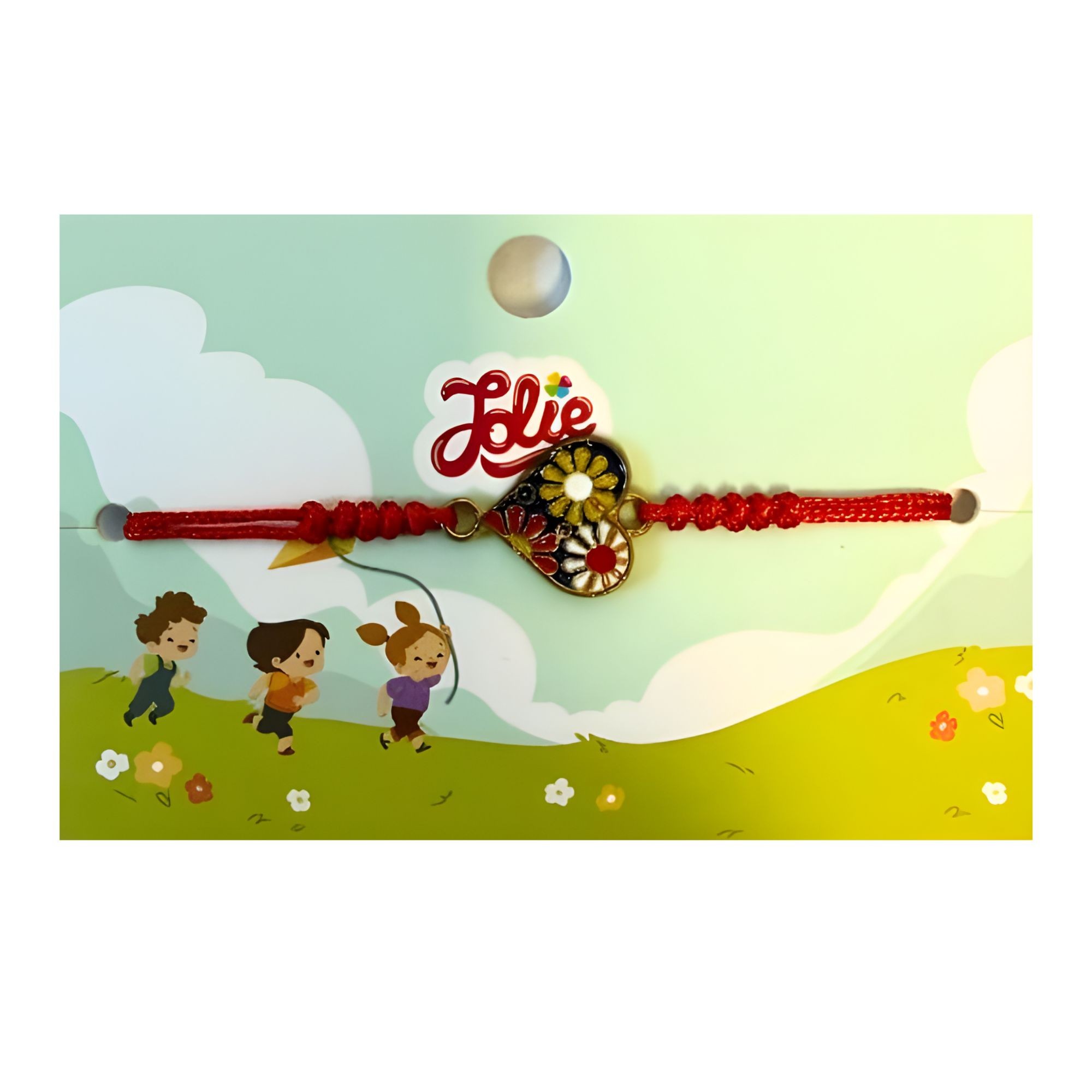 Martisor Bratara pentru Copii, Jolie, Model Inima cu Flori, Snur cu Impletitura Rosu Reglabil, Multicolor