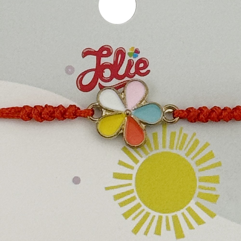 Martisor Bratara pentru Copii, Jolie, Model Floare, din Metal Auriu cu Snur Impletit Rosu, Multicolor