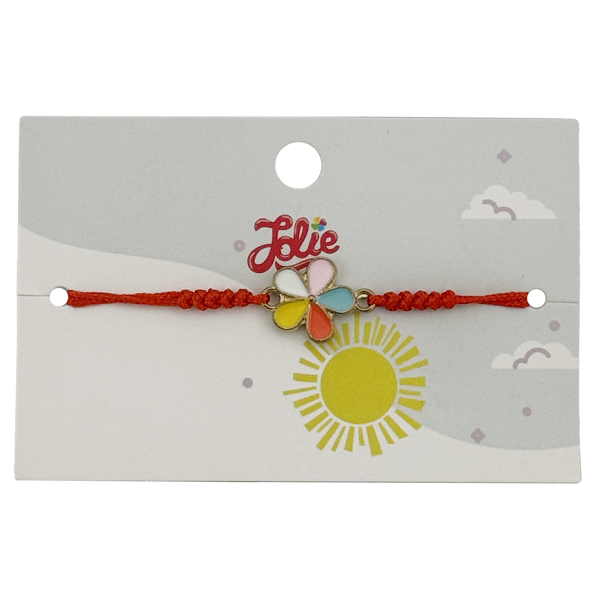 Martisor Bratara pentru Copii, Jolie, Model Floare, din Metal Auriu cu Snur Impletit Rosu, Multicolor