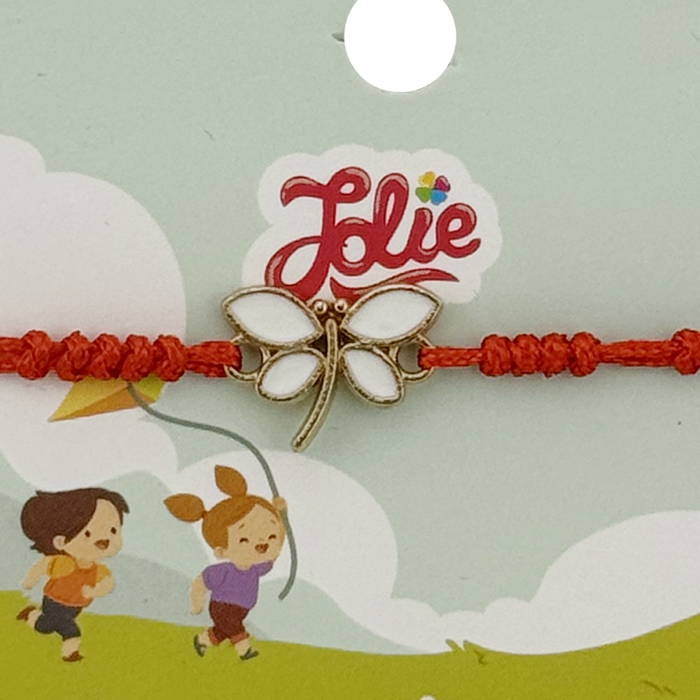 Martisor Bratara pentru Copii, Jolie, Model Libelula, din Metal Auriu cu Snur Impletit Rosu, Alb