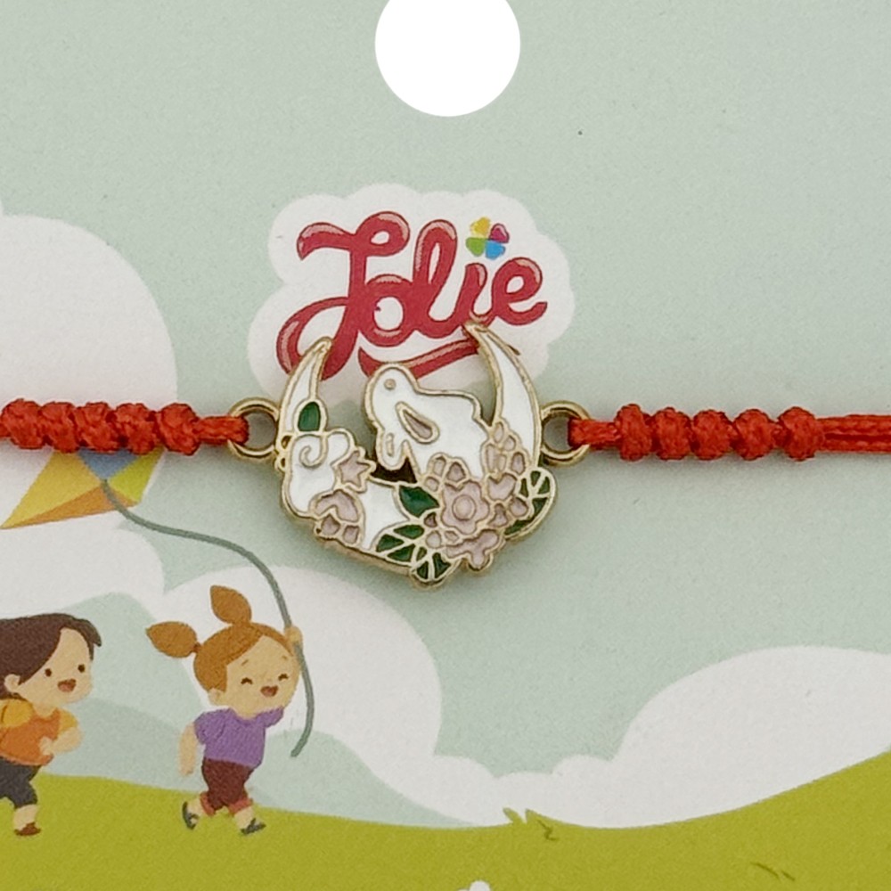 Martisor Bratara pentru Copii, Jolie, Model Luna cu Flori, din Metal Auriu cu Snur Impletit Rosu, Alb/Verde