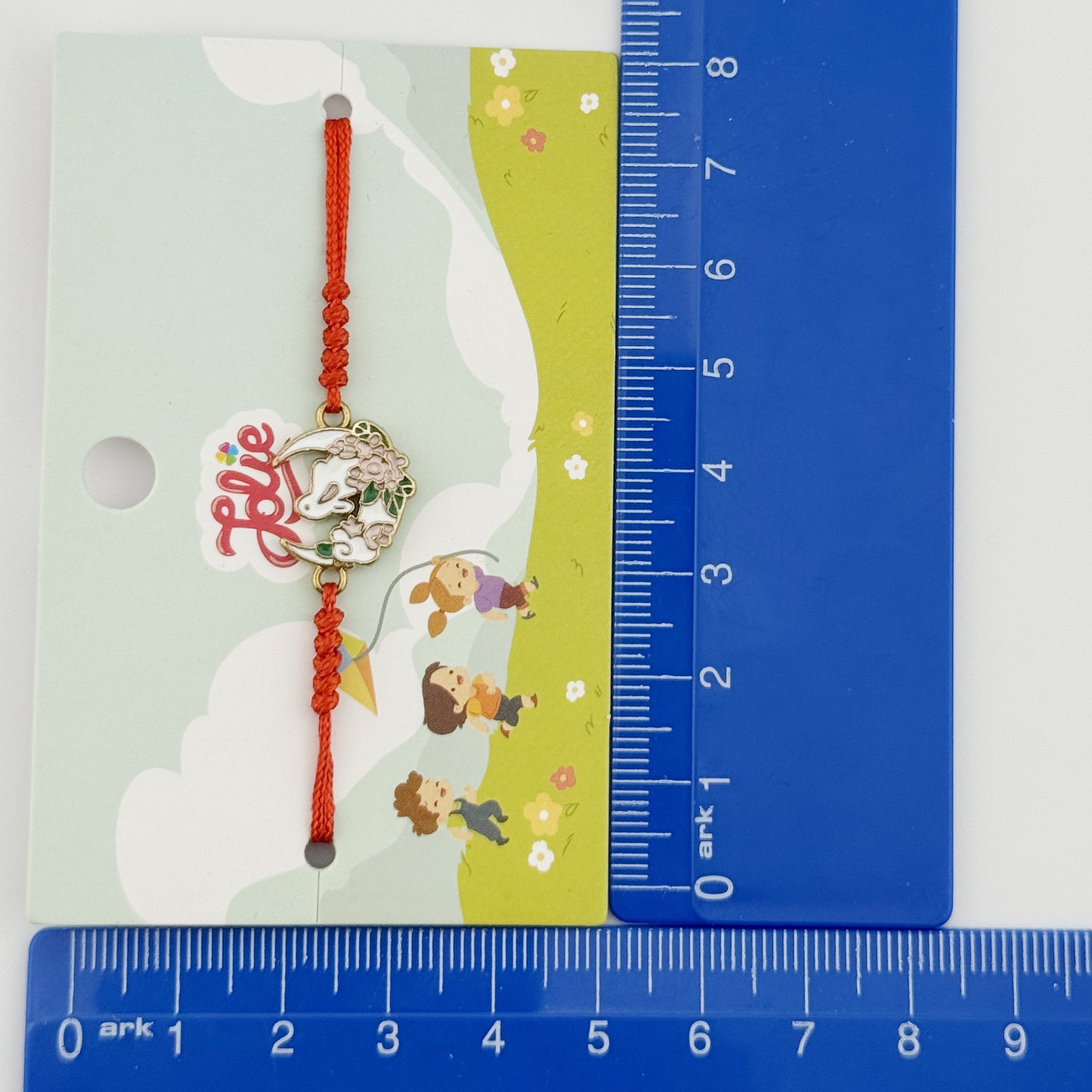 Martisor Bratara pentru Copii, Jolie, Model Luna cu Flori, din Metal Auriu cu Snur Impletit Rosu, Alb/Verde