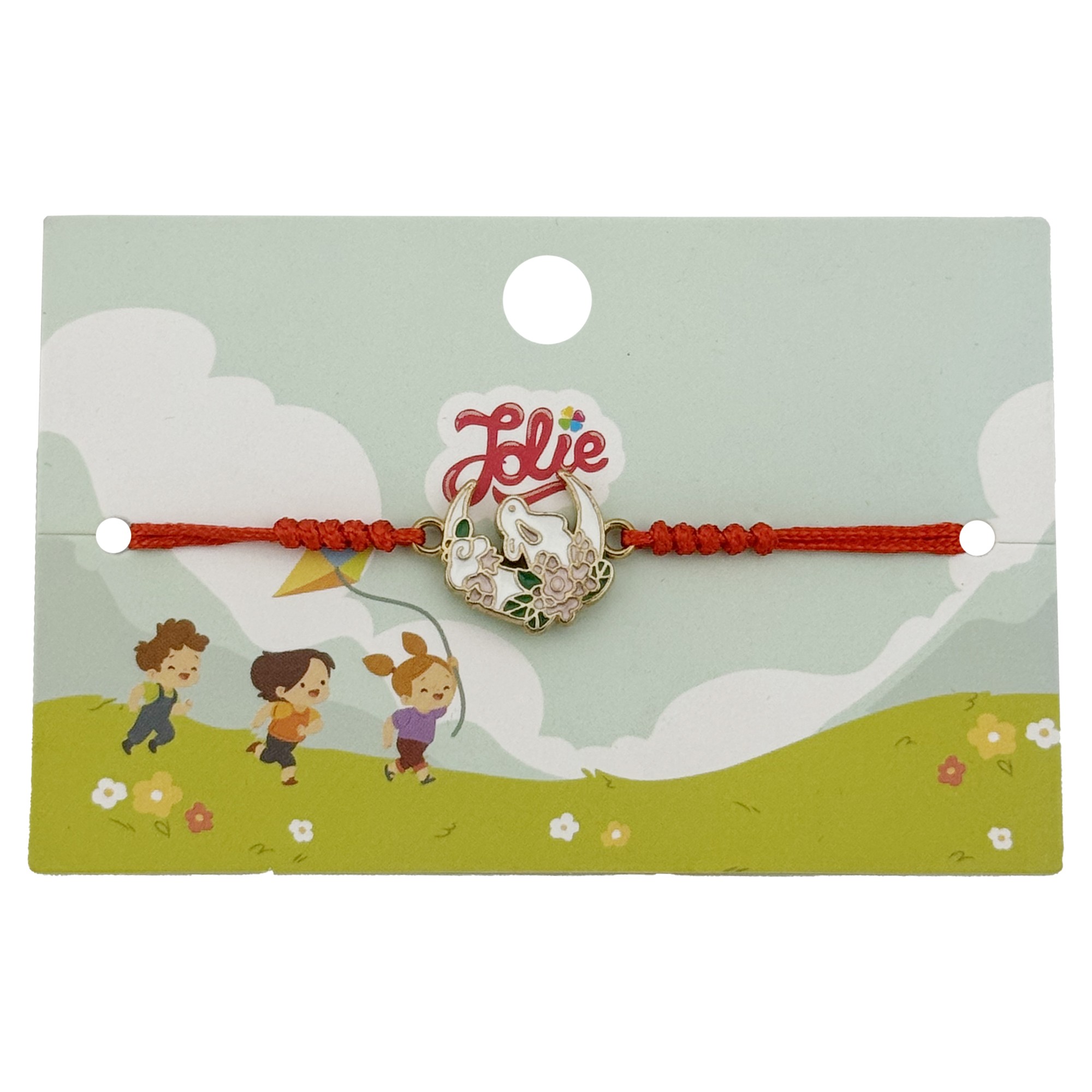 Martisor Bratara pentru Copii, Jolie, Model Luna cu Flori, din Metal Auriu cu Snur Impletit Rosu, Alb/Verde