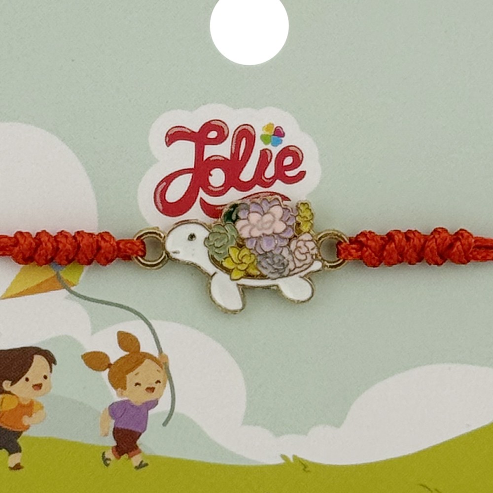 Martisor Bratara pentru Copii, Jolie, Model Broasca Testoasa, din Metal Auriu cu Snur Impletit Rosu, Alb/Multicolor