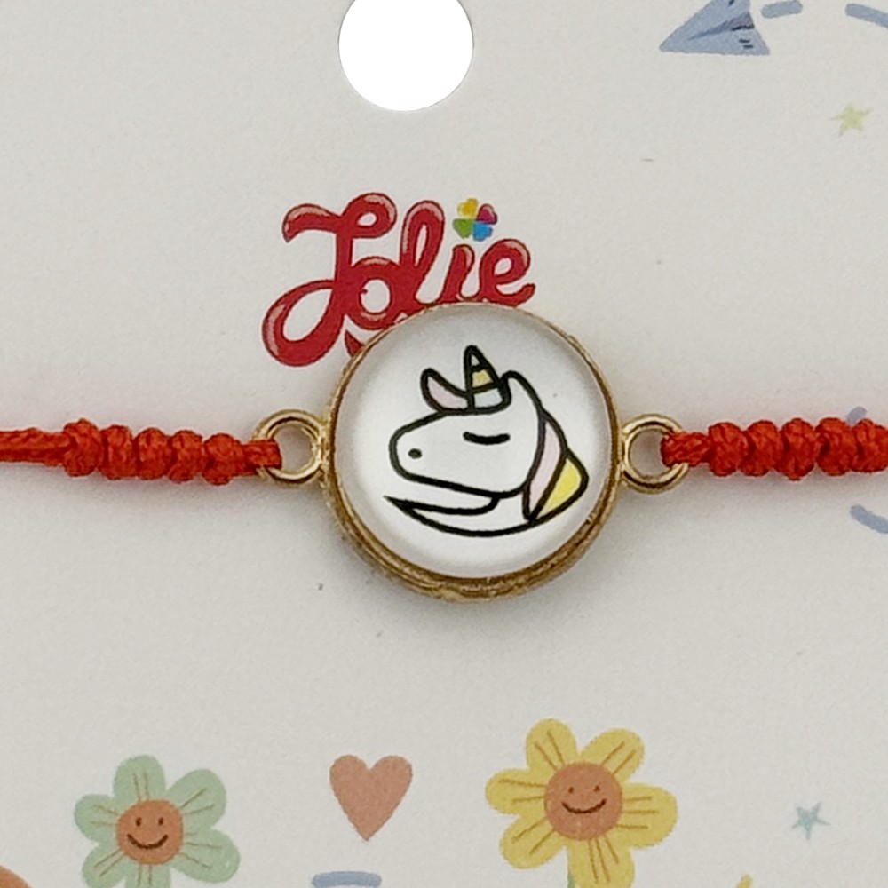 Martisor Bratara pentru Copii, Jolie, Model Unicorn, din Metal Auriu cu Snur Impletit Rosu, Alb/Galben