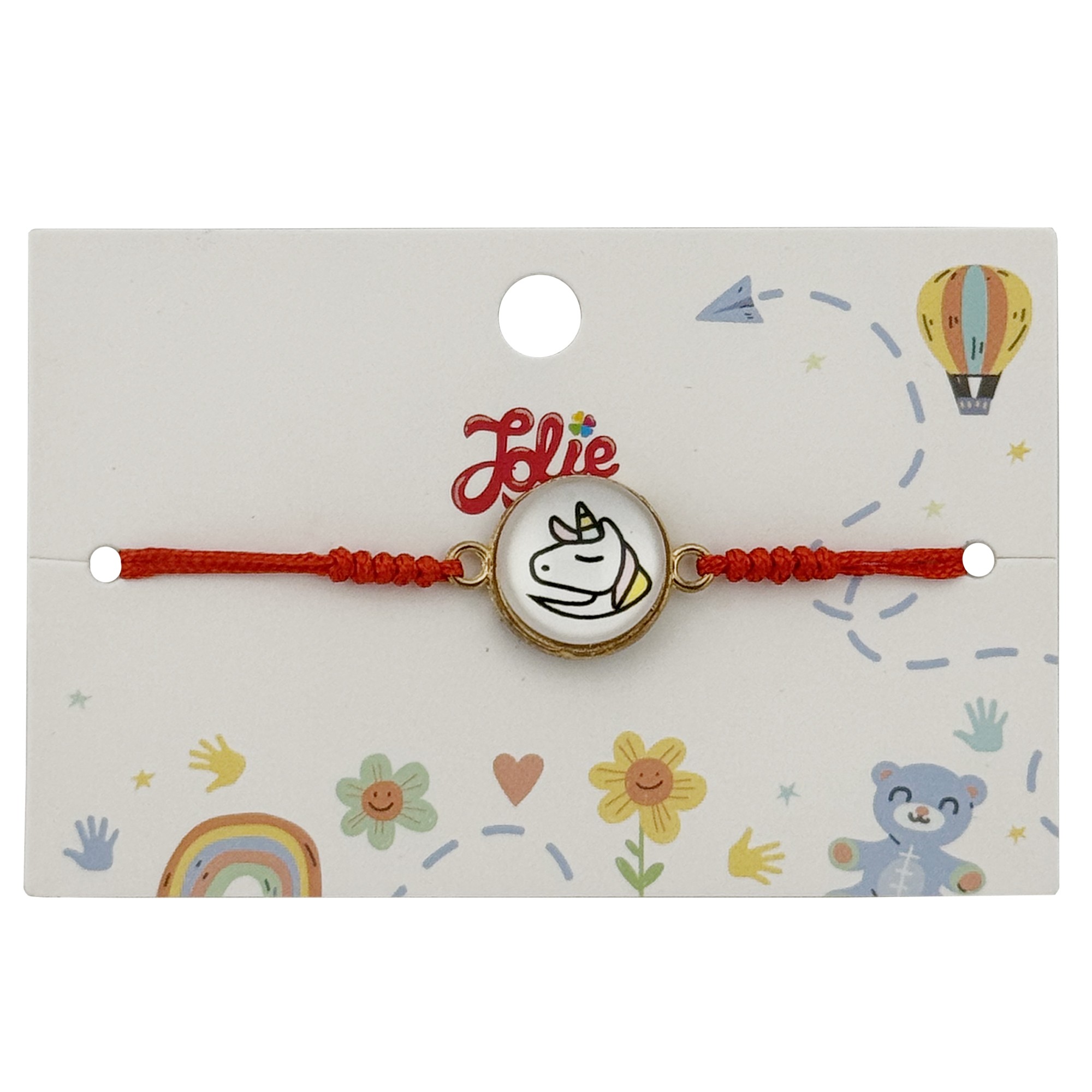 Martisor Bratara pentru Copii, Jolie, Model Unicorn, din Metal Auriu cu Snur Impletit Rosu, Alb/Galben