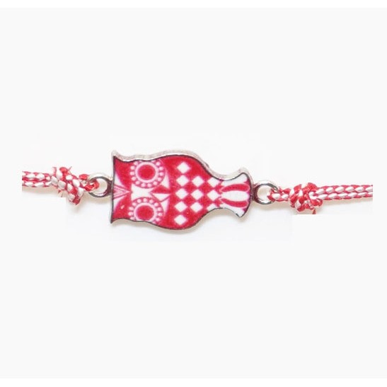 Martisor tip Bratara Traditionala cu Pandantiv, Jolie, Model Bufnita, Snur Impletit Alb/Rosu, Dimensiune Pandativ Aprox 2 cm, Ambalaj cu Design