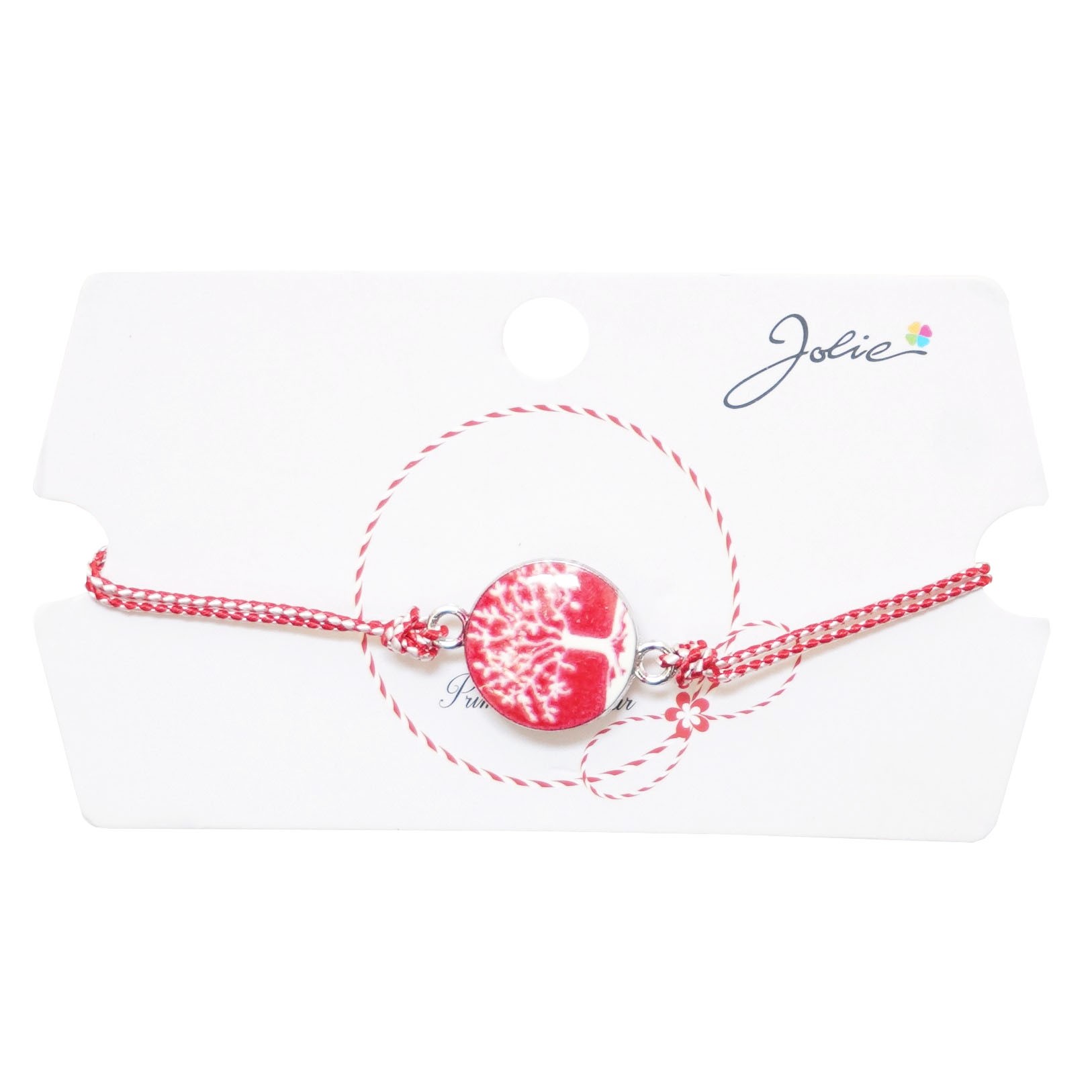 Martisor tip Bratara Traditionala cu Pandantiv, Jolie, Model Copacul Vietii, Snur Impletit Alb/Rosu, Dimensiune Pandativ Aprox 2 cm, Ambalaj cu Design