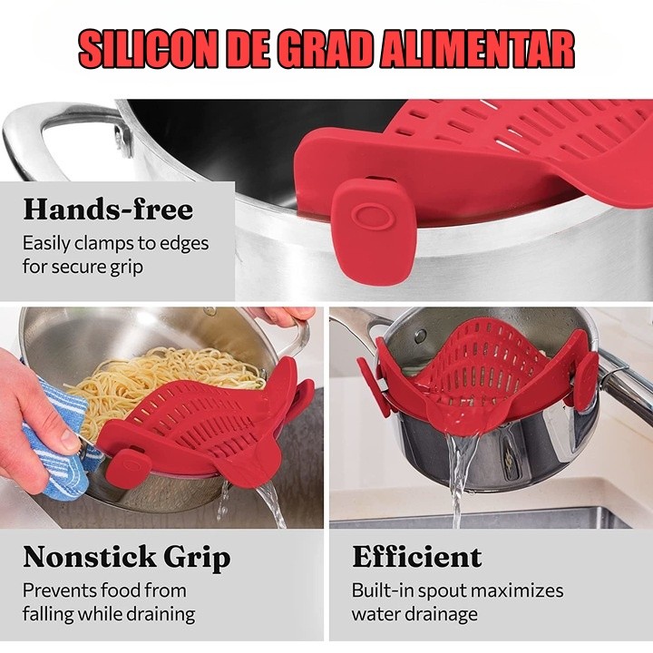 Filtru Silicon, Flippy, Rosu, Rezistent la Caldura, Universal, Paste, Legume, Fructe, 23x12.5x6.7 cm