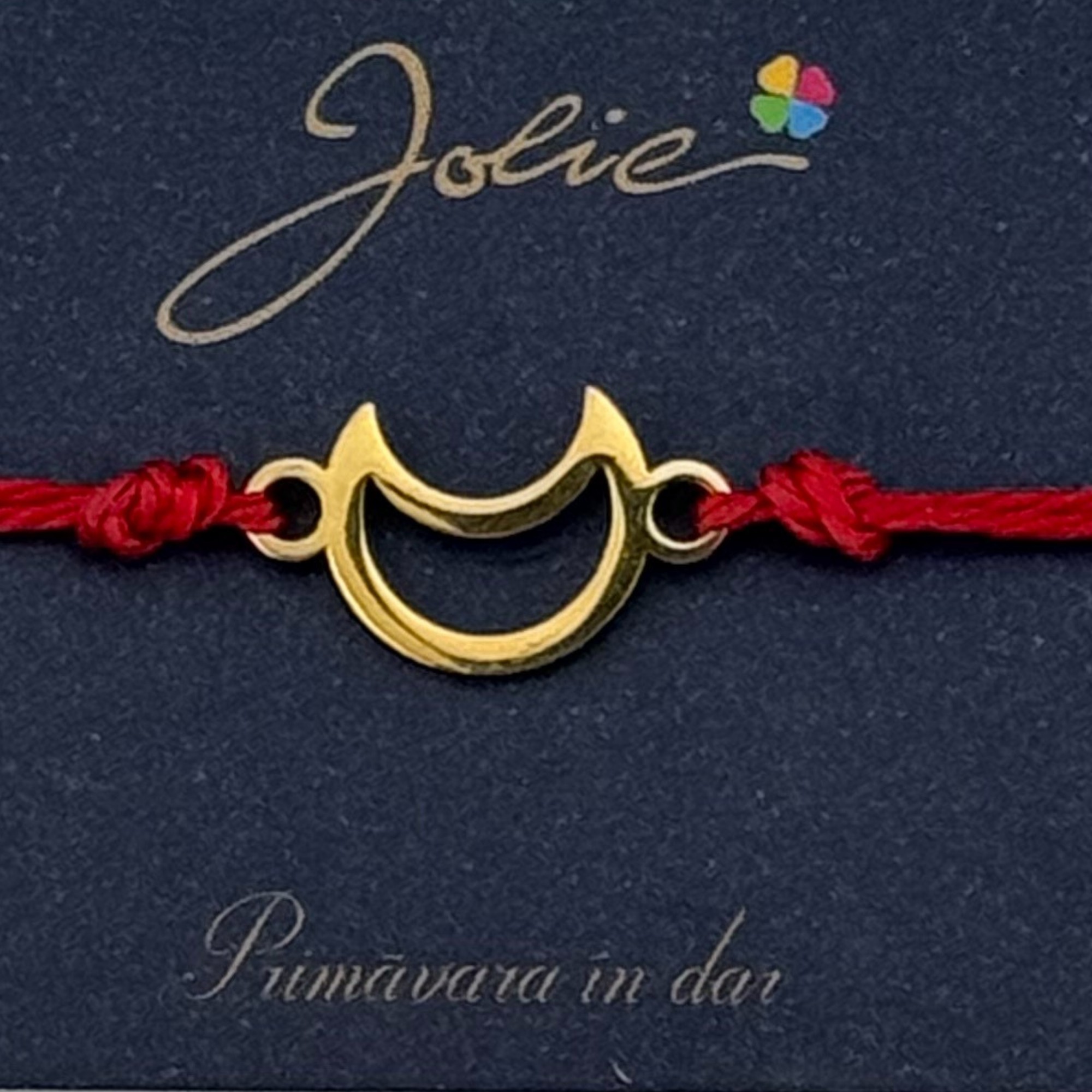 Martisor Bratara Primavara, Textil si Inox, Jolie, Snur Rosu, Model Luna, Auriu