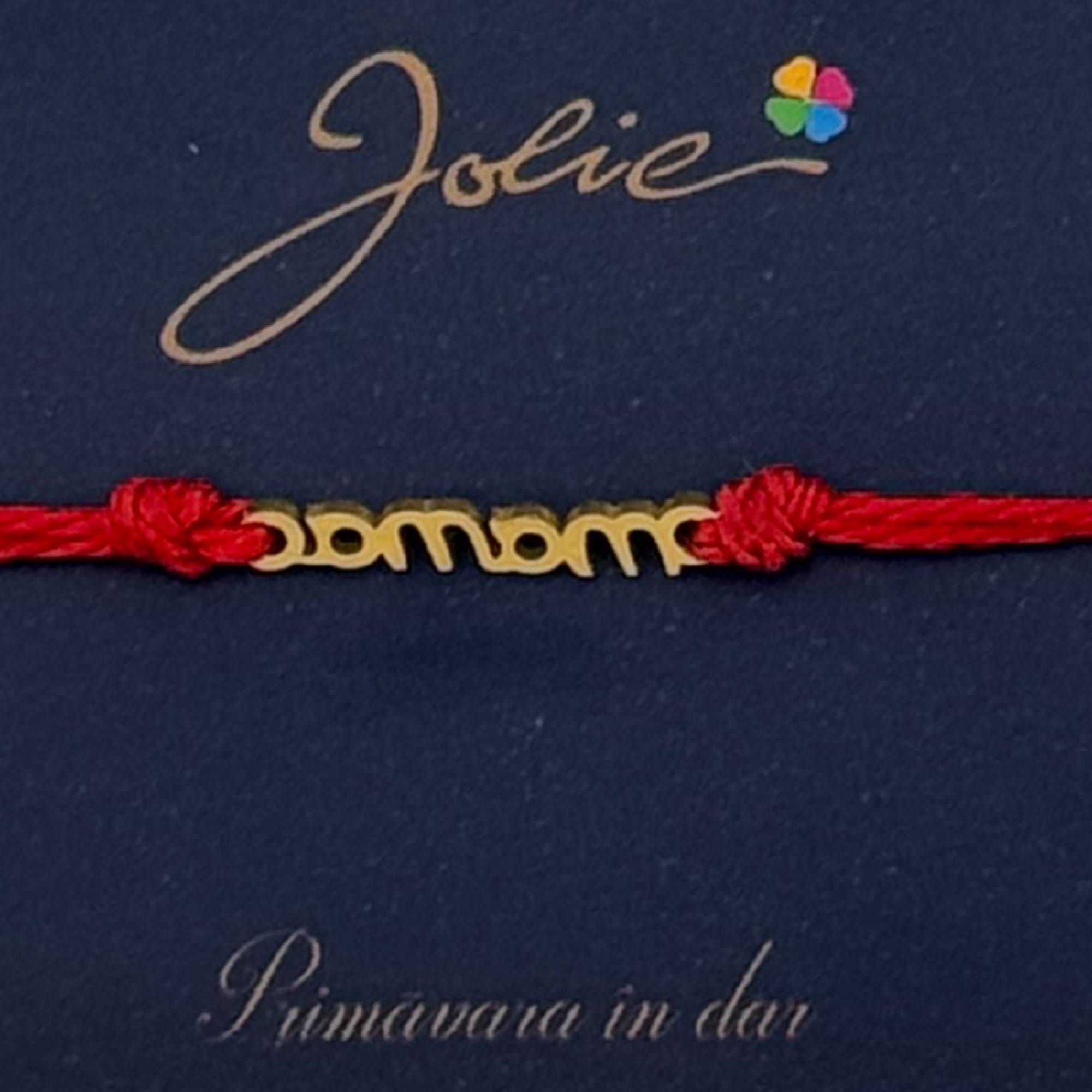 Martisor Bratara Primavara, Textil si Inox, Jolie, Snur Rosu, Model Scris Mama, Auriu