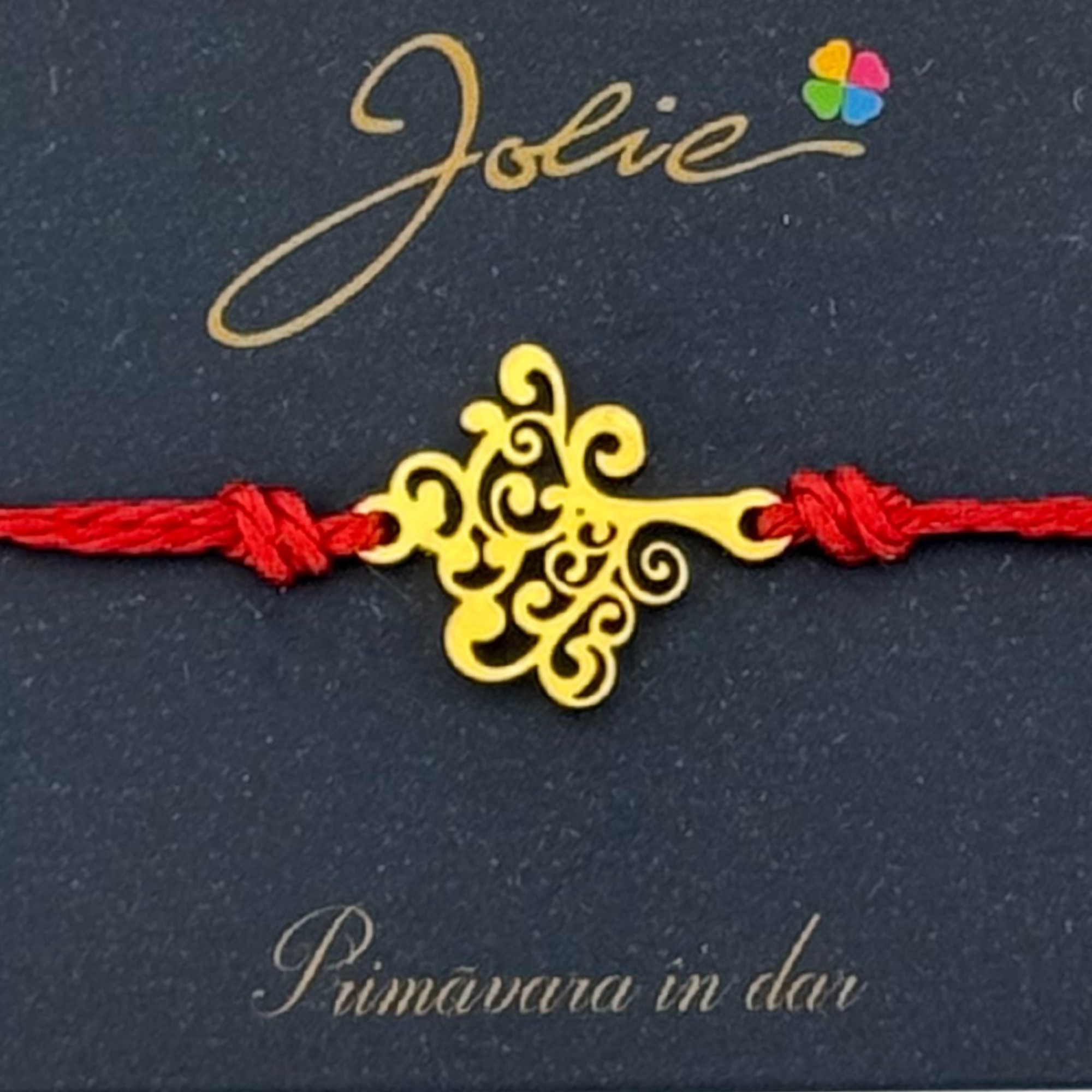 Martisor Bratara Primavara, Textil si Inox, Jolie, Snur Rosu, Model Copac, Auriu