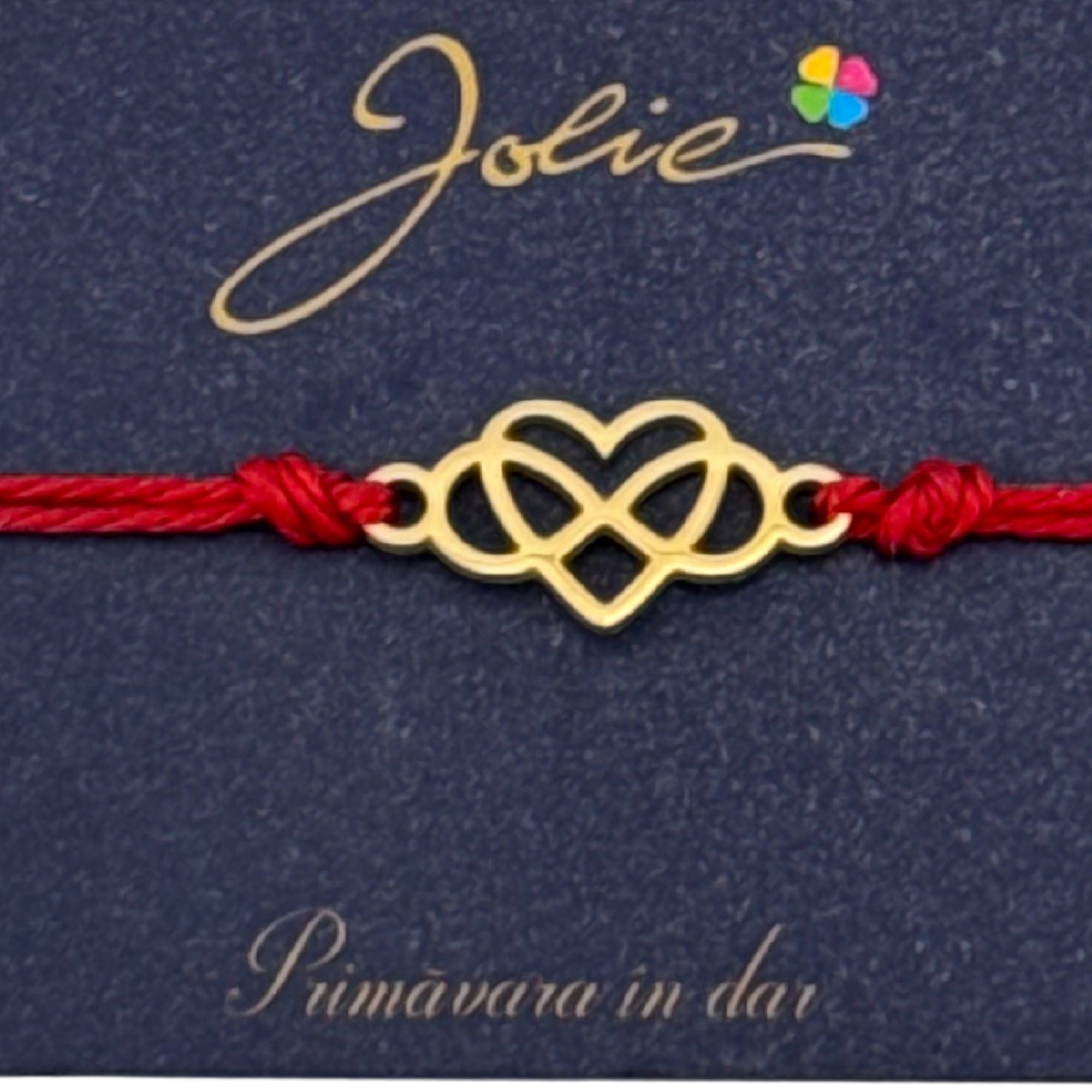 Martisor Bratara Primavara, Textil si Inox, Jolie, Snur Rosu, Model Inima Infinit, Auriu