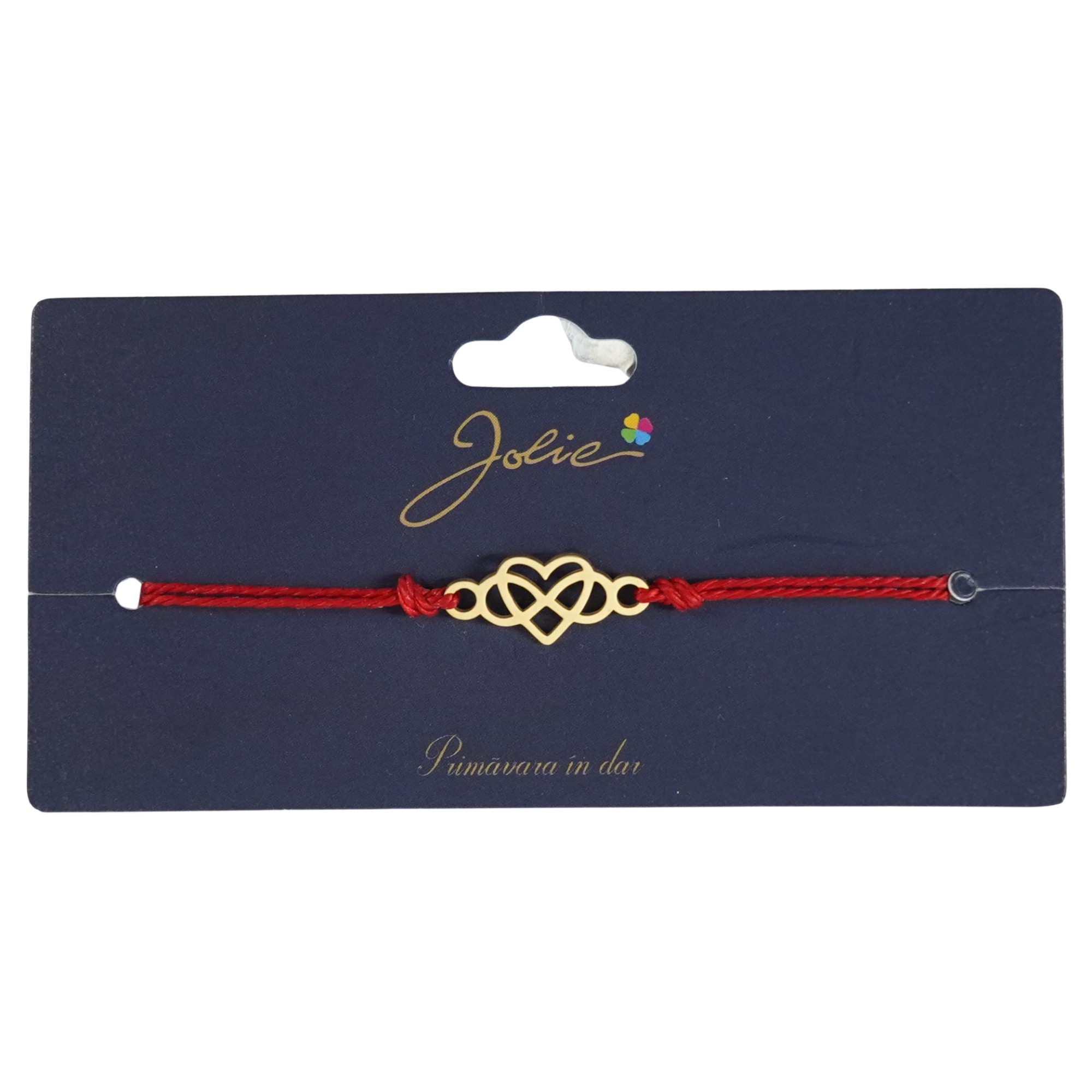 Martisor Bratara Primavara, Textil si Inox, Jolie, Snur Rosu, Model Inima Infinit, Auriu