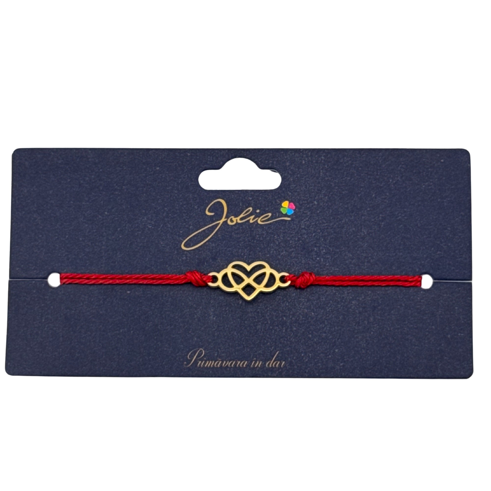 Martisor Bratara Primavara, Textil si Inox, Jolie, Snur Rosu, Model Inima Infinit, Auriu