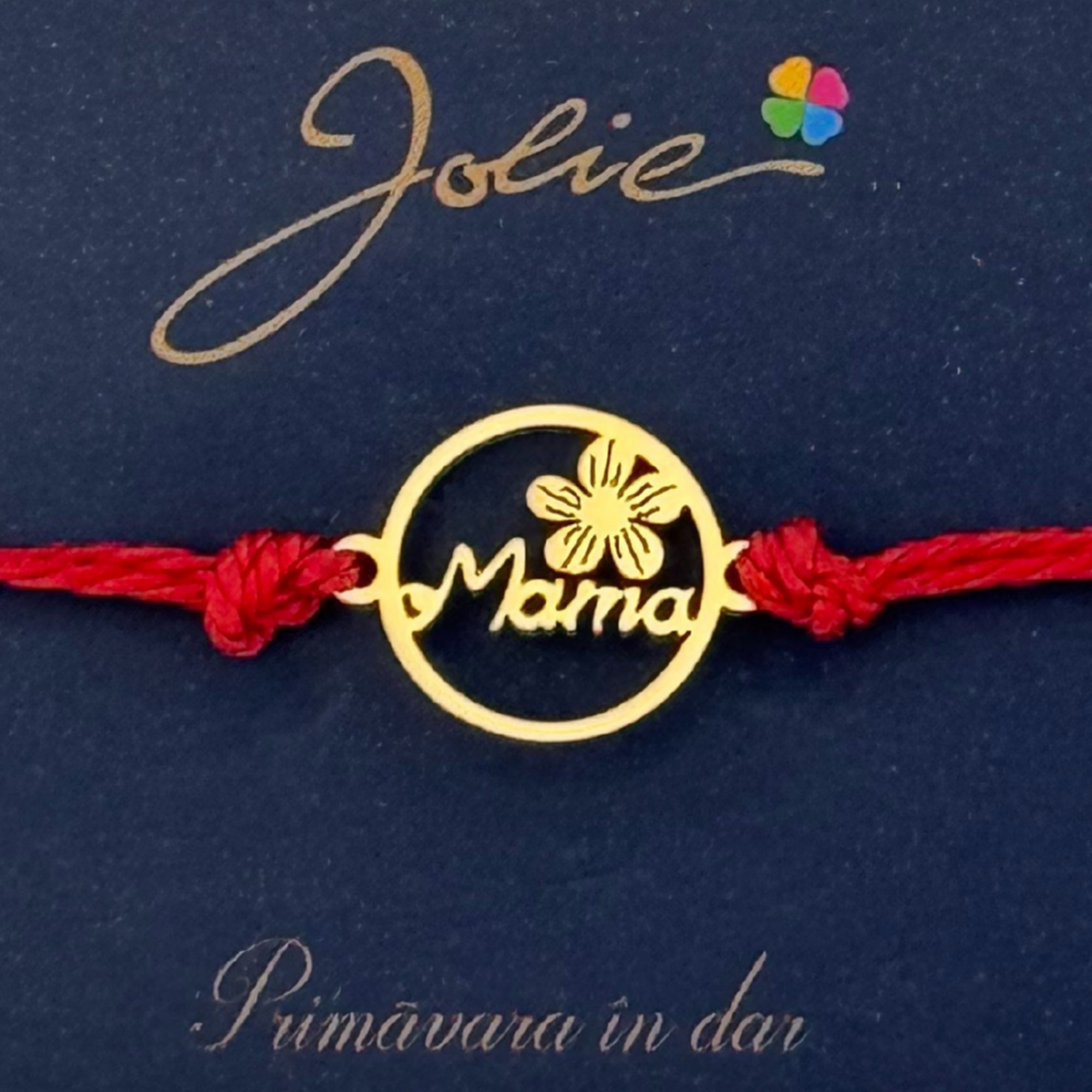 Martisor Bratara Primavara, Textil si Inox, Jolie, Snur Rosu, Model Mama, Auriu