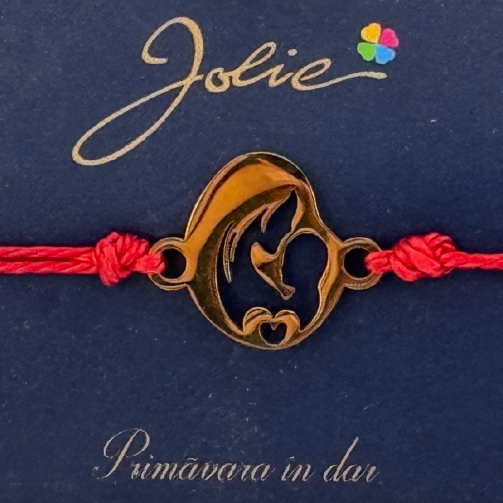 Martisor Bratara Primavara, Textil si Inox, Jolie, Snur Rosu, Model Mama si Bebe, Auriu