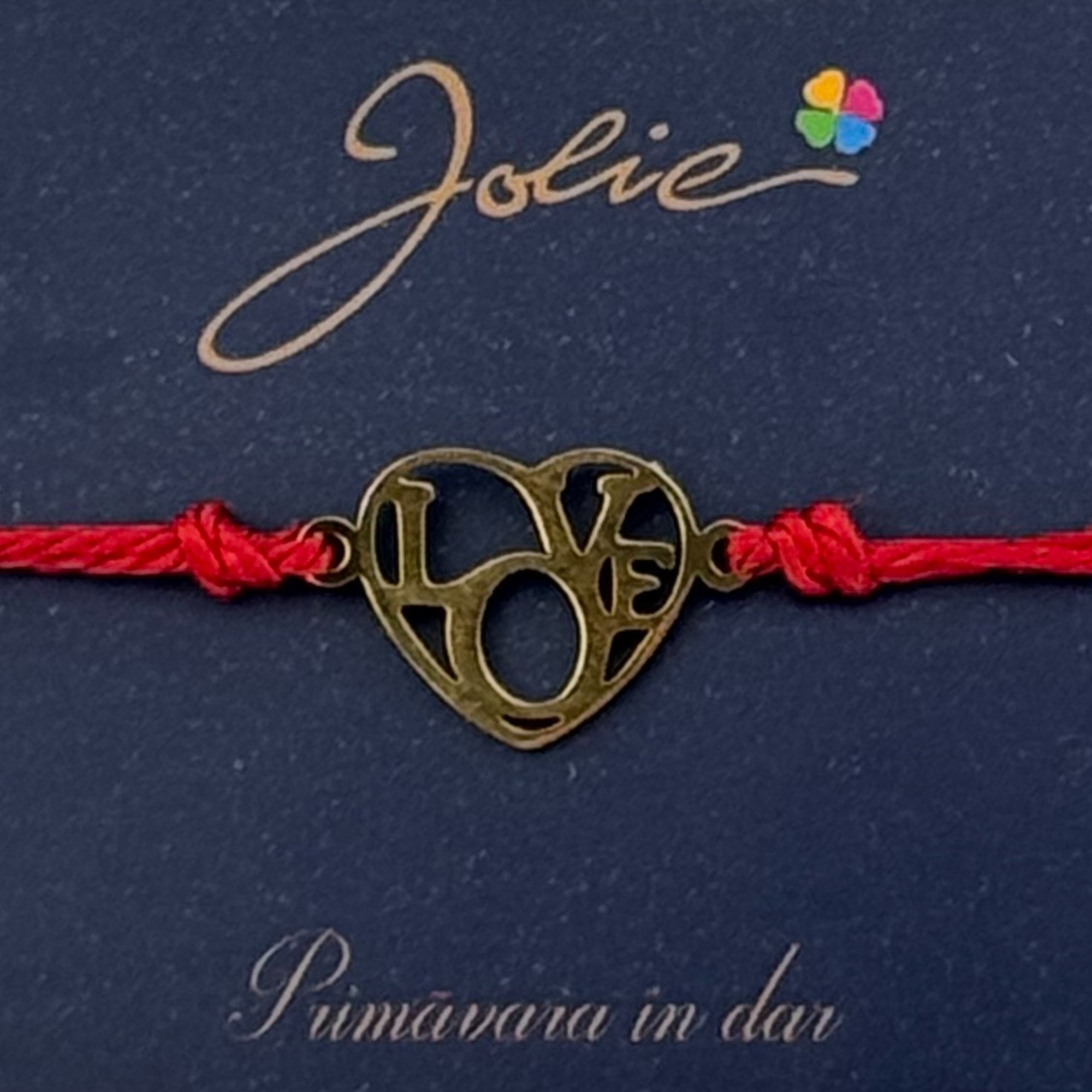 Martisor Bratara Primavara, Textil si Inox, Jolie, Snur Rosu, Model Inima Love, Auriu