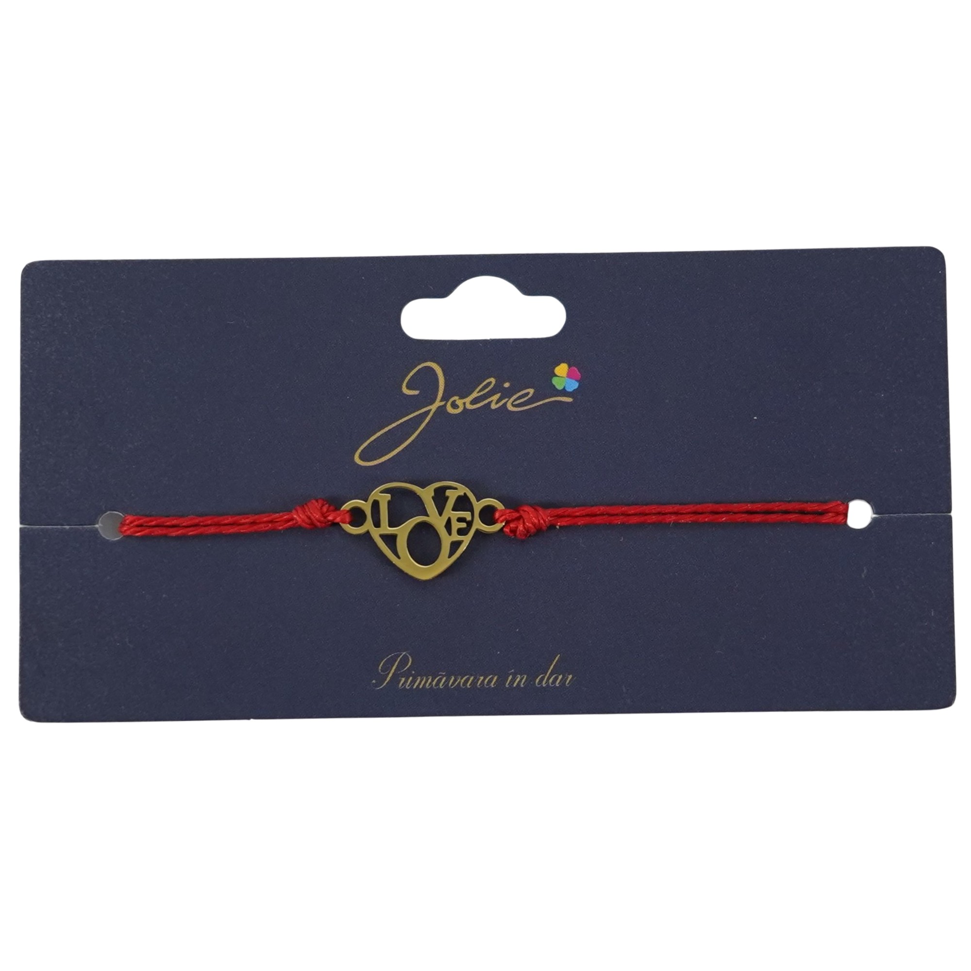 Martisor Bratara Primavara, Textil si Inox, Jolie, Snur Rosu, Model Inima Love, Auriu