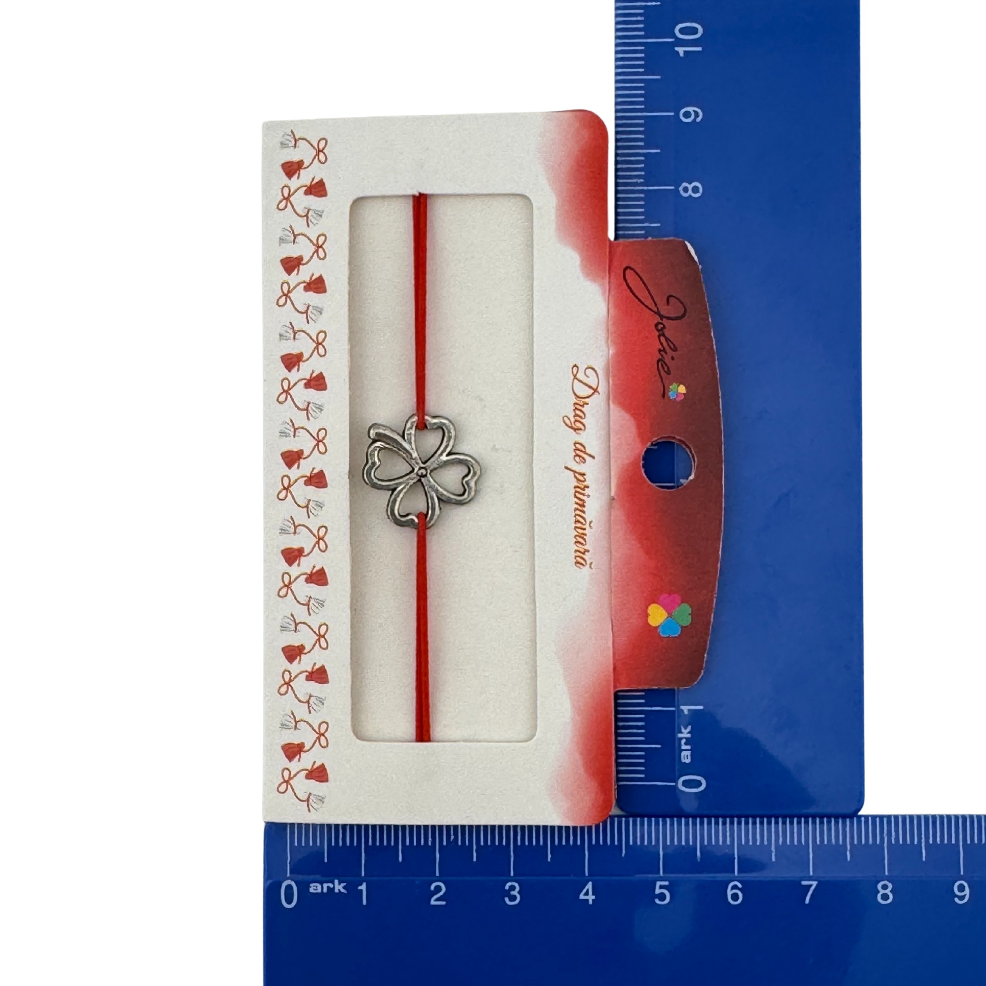 Martisor Bratara cu 2 Noduri Elastica, Jolie, Snur Rosu, Model Trifoi cu Patru Foi