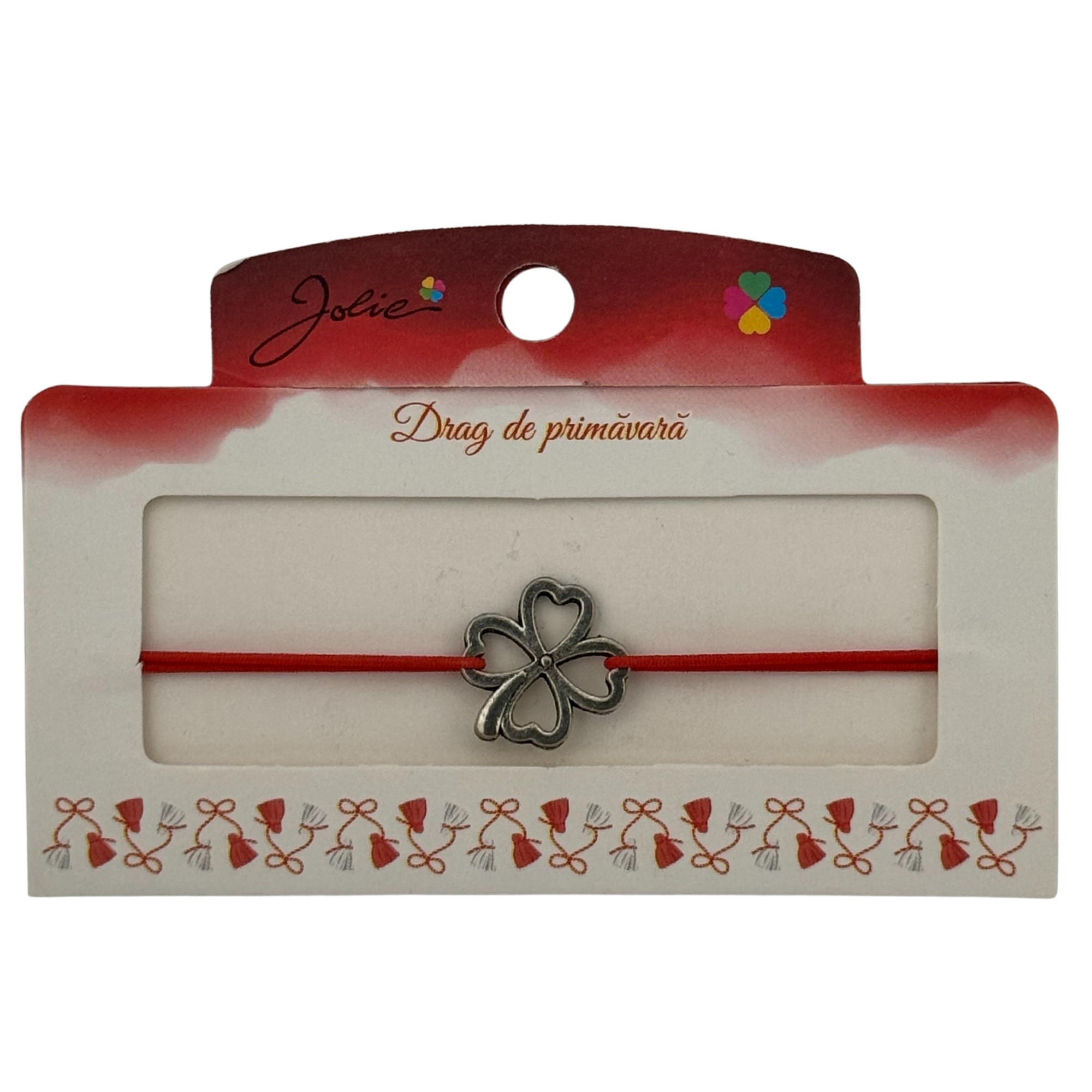 Martisor Bratara cu 2 Noduri Elastica, Jolie, Snur Rosu, Model Trifoi cu Patru Foi