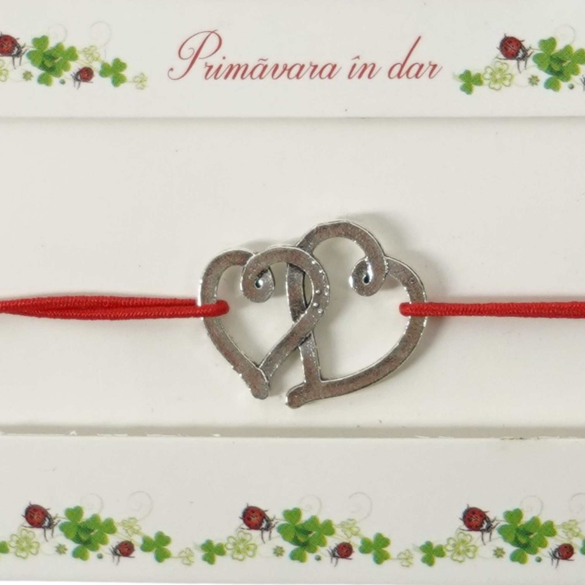 Martisor Bratara cu 2 Noduri Elastica, Jolie, Snur Rosu, Model Doua Inimi