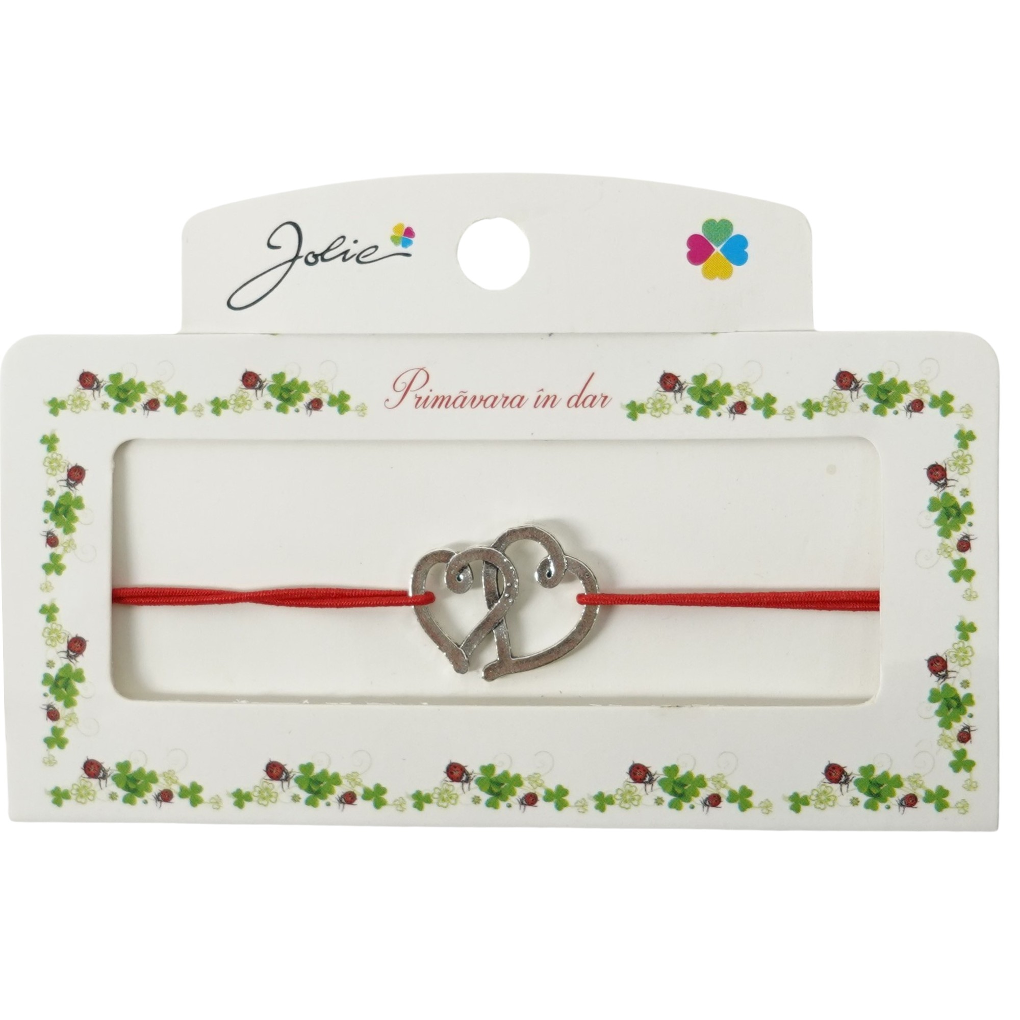 Martisor Bratara cu 2 Noduri Elastica, Jolie, Snur Rosu, Model Doua Inimi