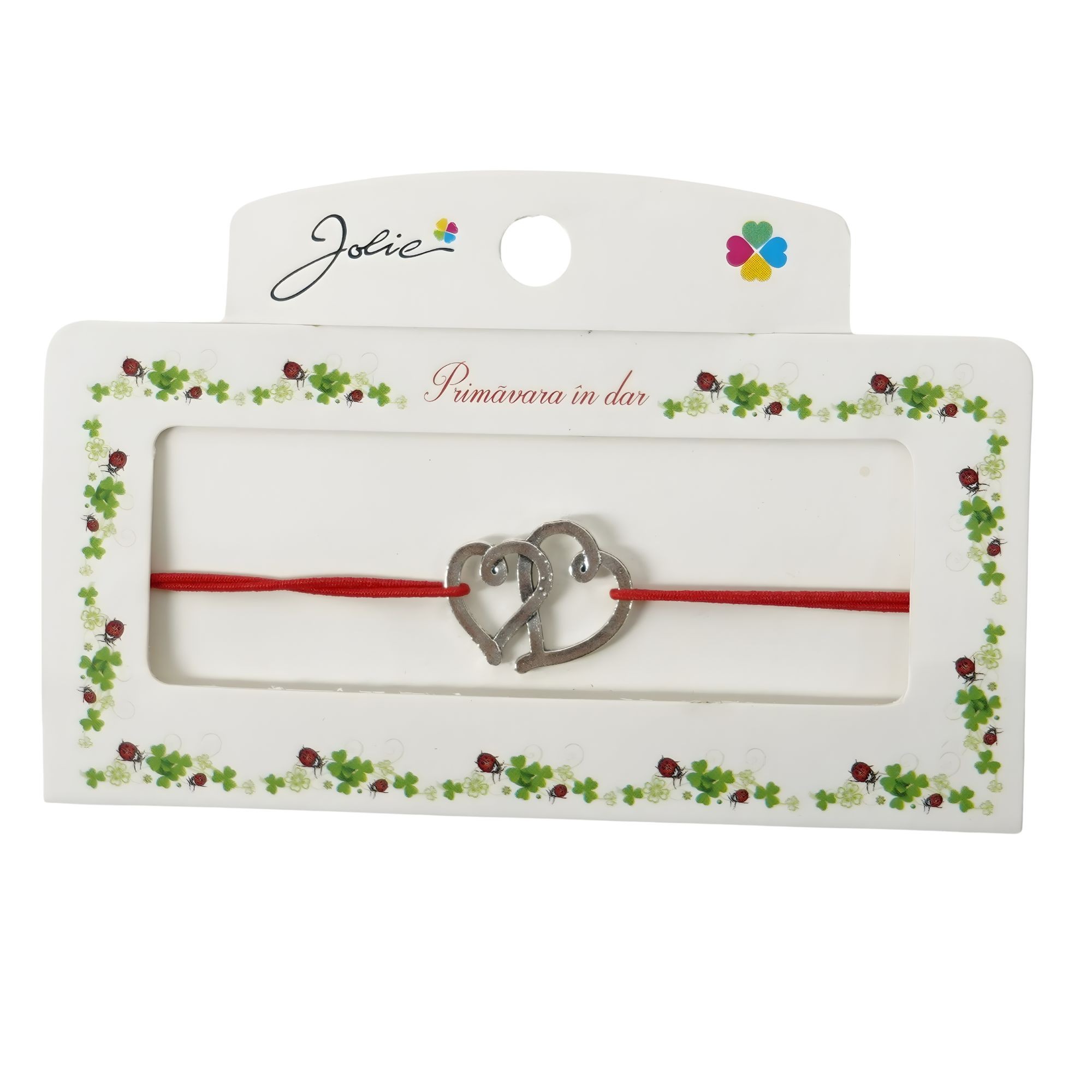 Martisor Bratara cu 2 Noduri, Jolie, Snur Rosu, Model Inimioare, Elastica, Dimensiune Reglabila, Ambalata Individual, Rosu/Argintiu