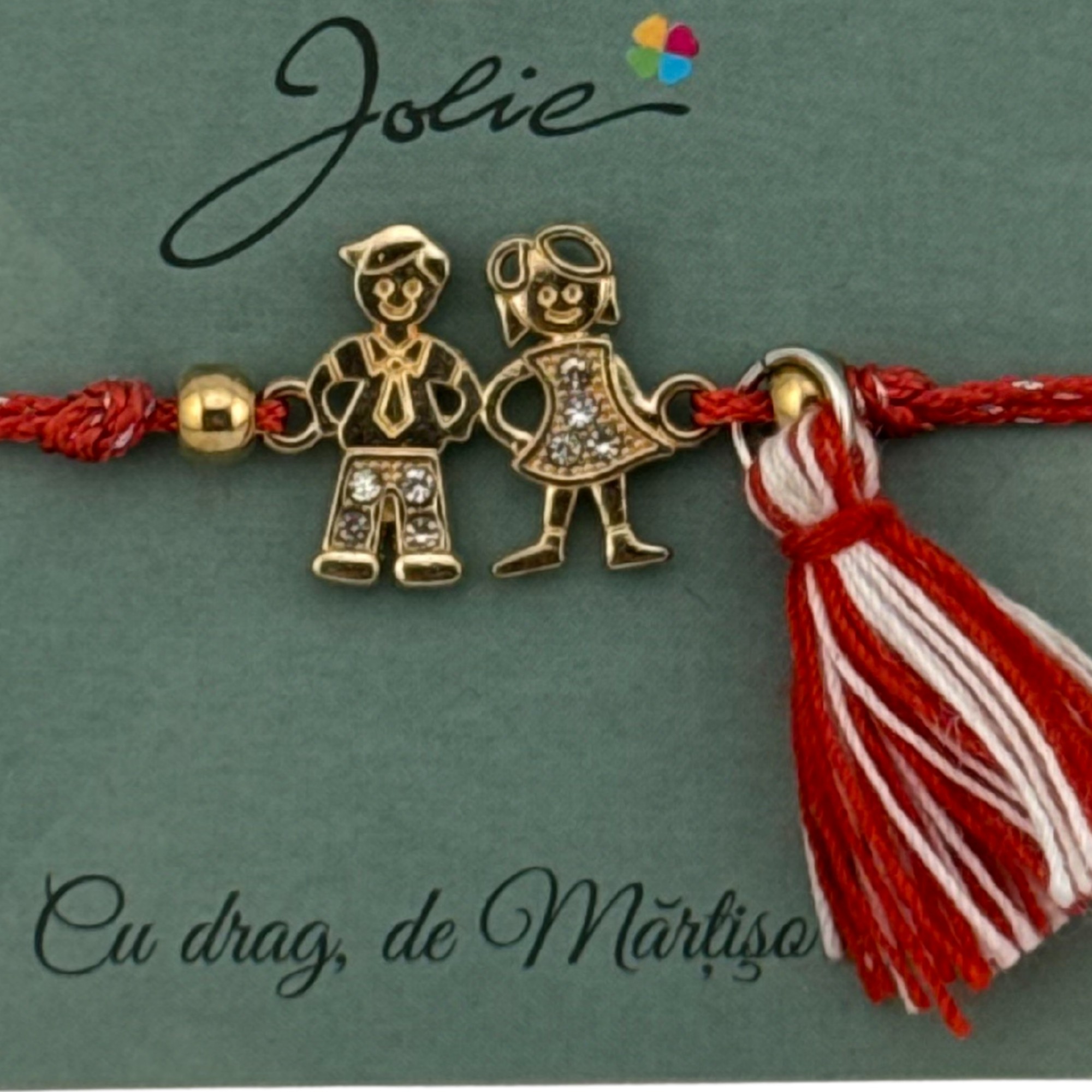 Martisor Bratara Ciucure, Jolie, Snur Rosu Reglabil, cu Pandantiv, Model Cuplu Auriu