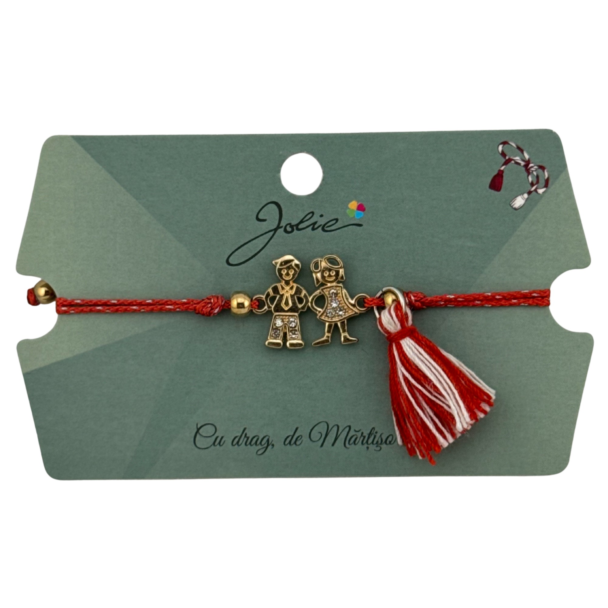 Martisor Bratara Ciucure, Jolie, Snur Rosu Reglabil, cu Pandantiv, Model Cuplu Auriu