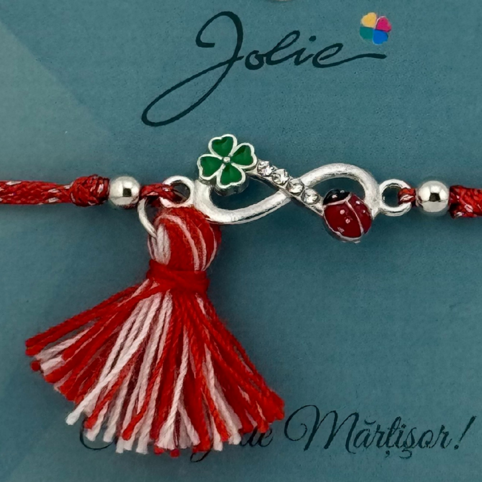 Martisor Bratara Ciucure, Jolie, Snur Rosu Reglabil, cu Pandantiv, Model Infinit Buburuza