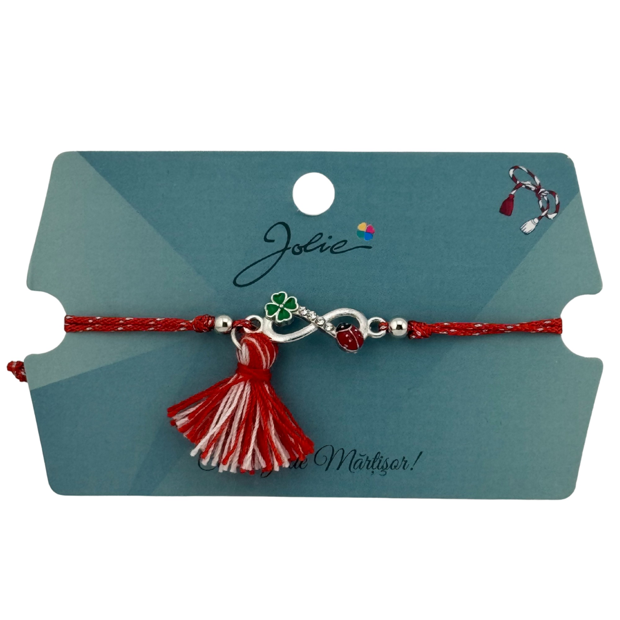 Martisor Bratara Ciucure, Jolie, Snur Rosu Reglabil, cu Pandantiv, Model Infinit Buburuza