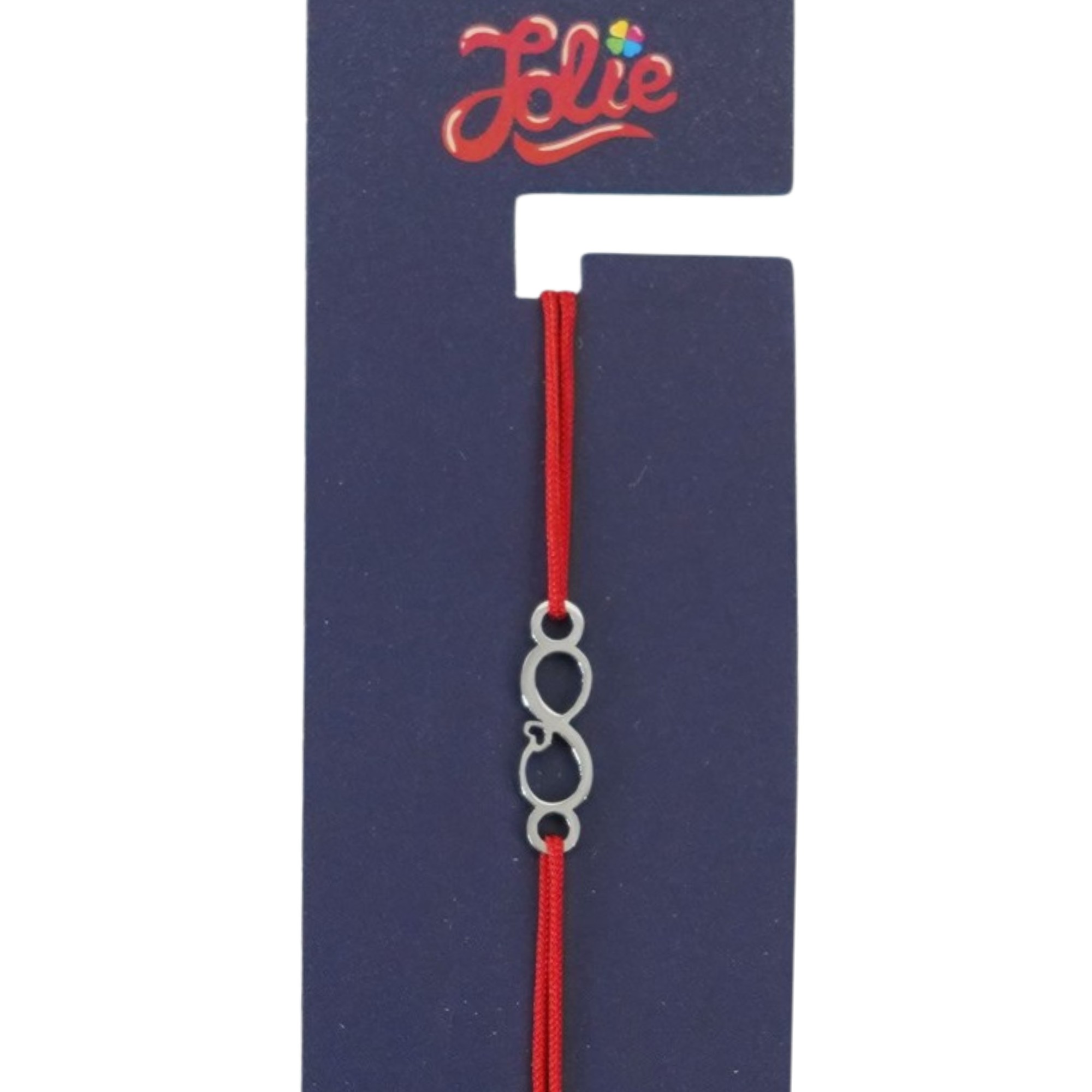 Martisor Bratara din Inox pentru Copii, Jolie, Textil si Inox, Snur Rosu, Model Infinit Inimioara, Argintiu