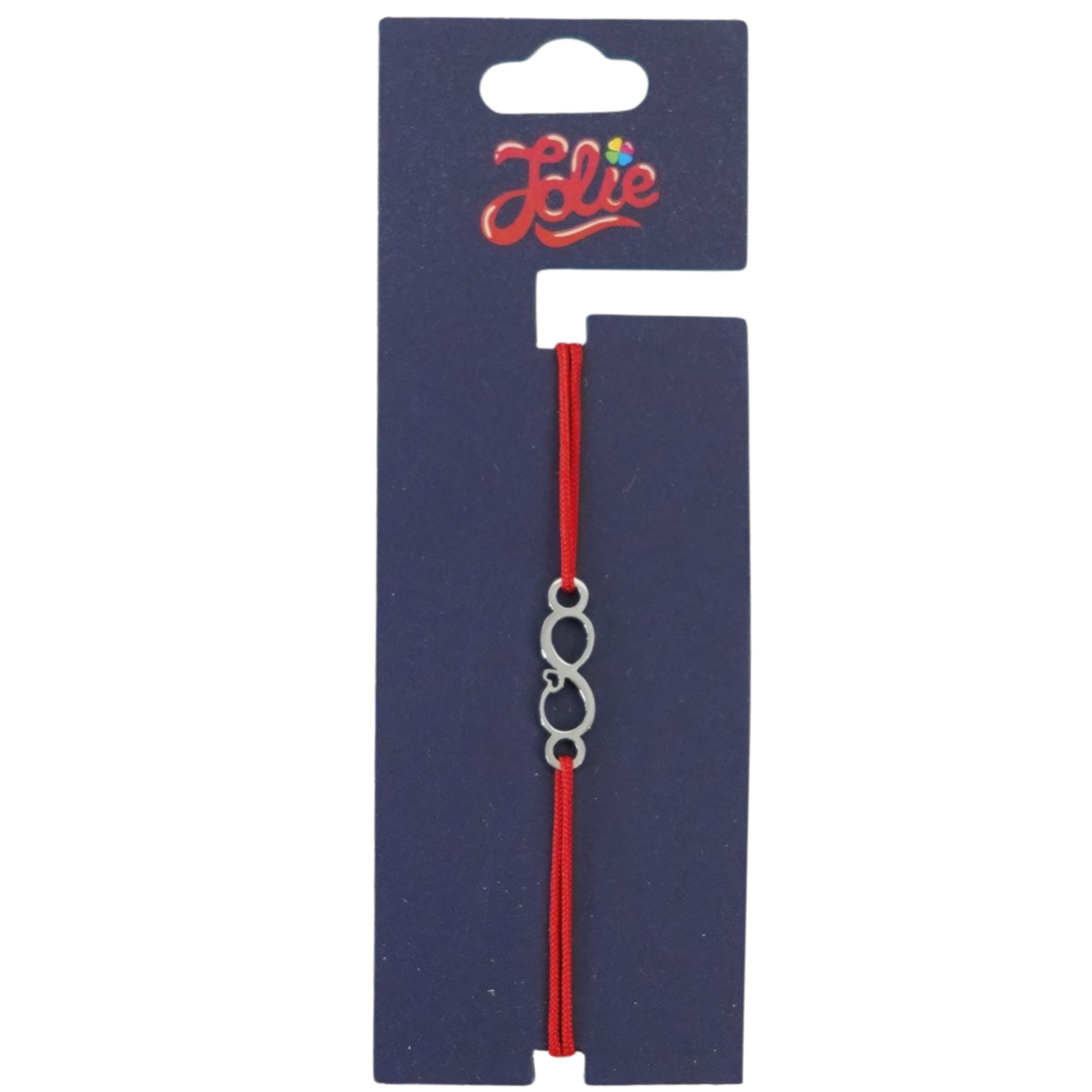 Martisor Bratara din Inox pentru Copii, Jolie, Textil si Inox, Snur Rosu, Model Infinit Inimioara, Argintiu