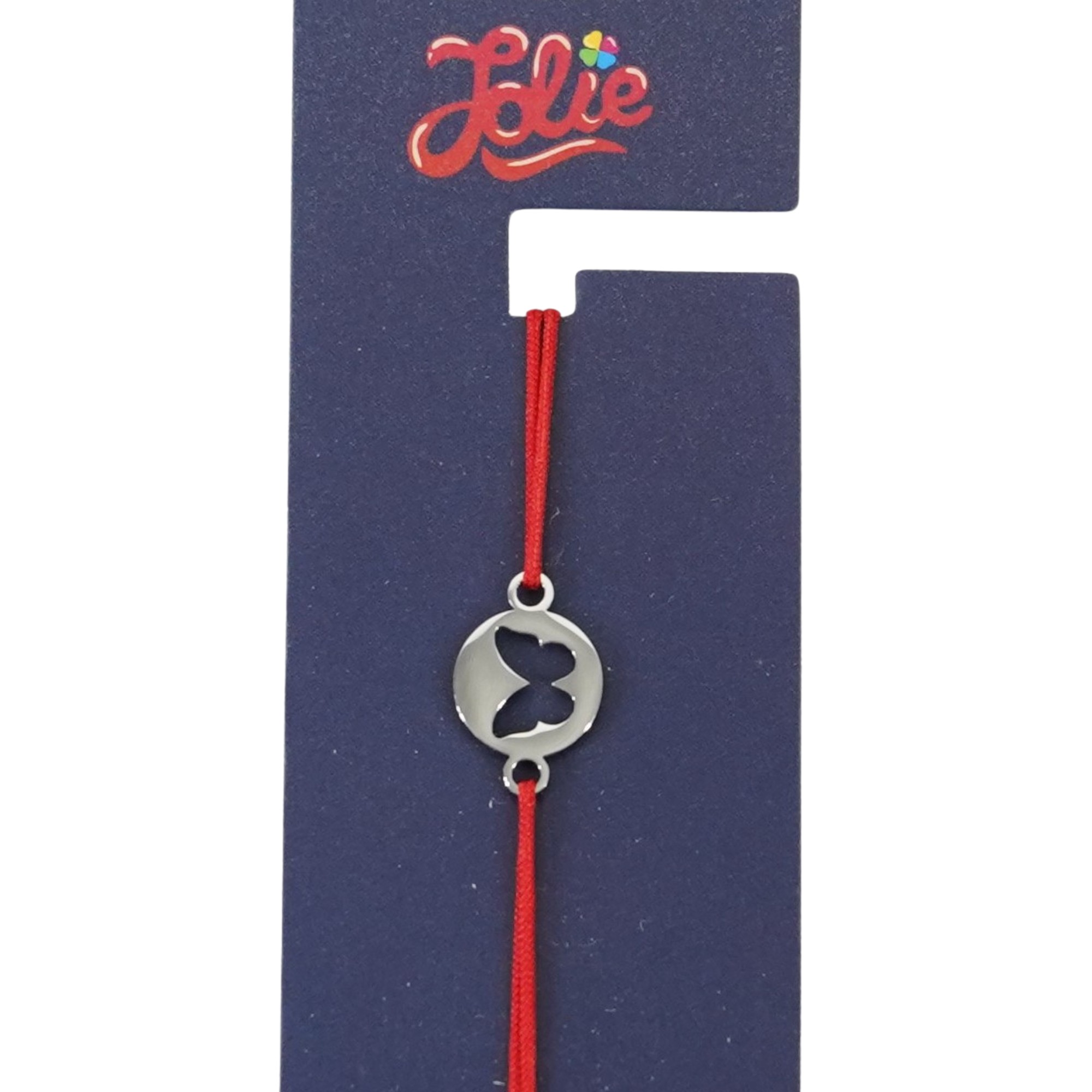 Martisor Bratara din Inox pentru Copii, Jolie, Textil si Inox, Snur Rosu, Model Fluture, Argintiu