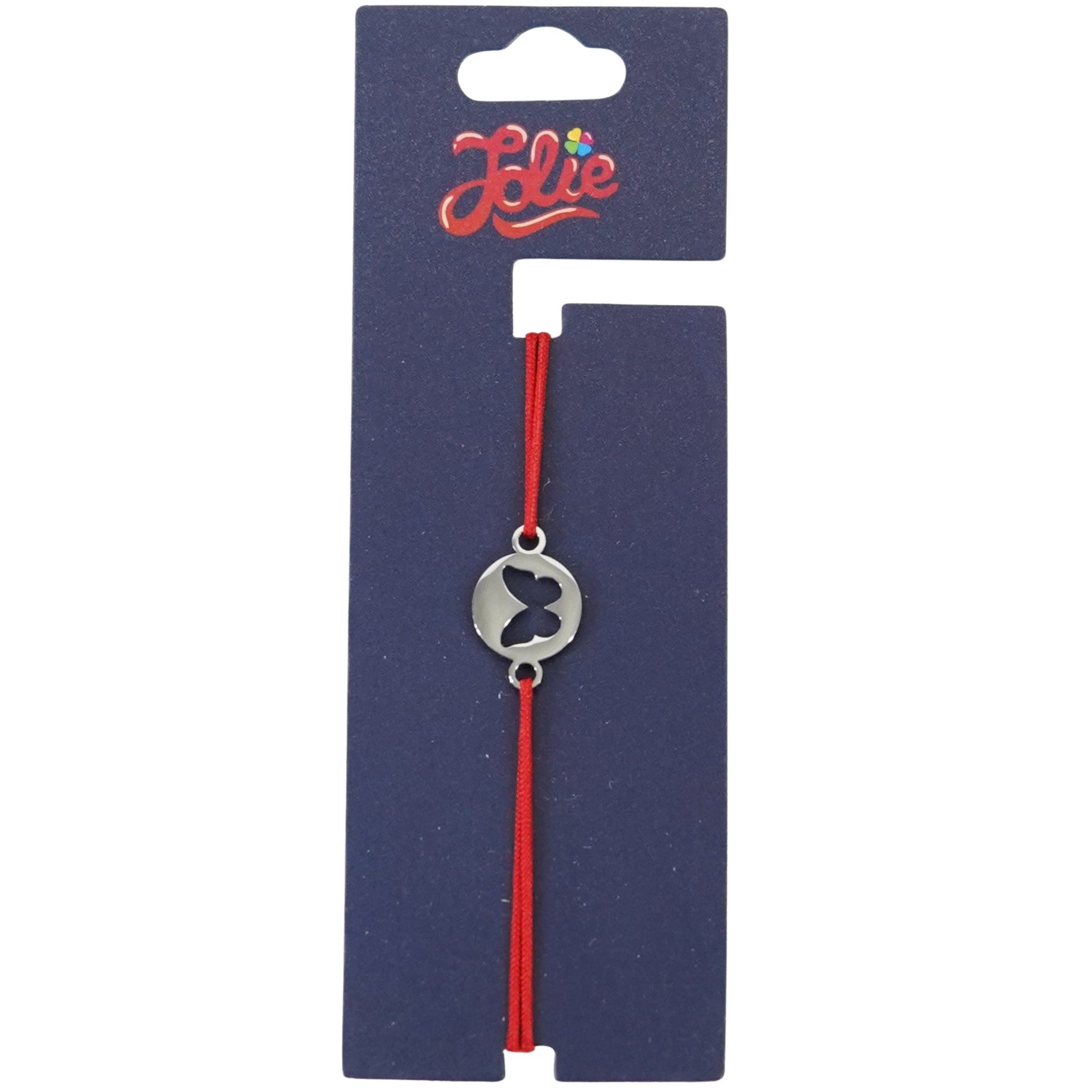 Martisor Bratara din Inox pentru Copii, Jolie, Textil si Inox, Snur Rosu, Model Fluture, Argintiu