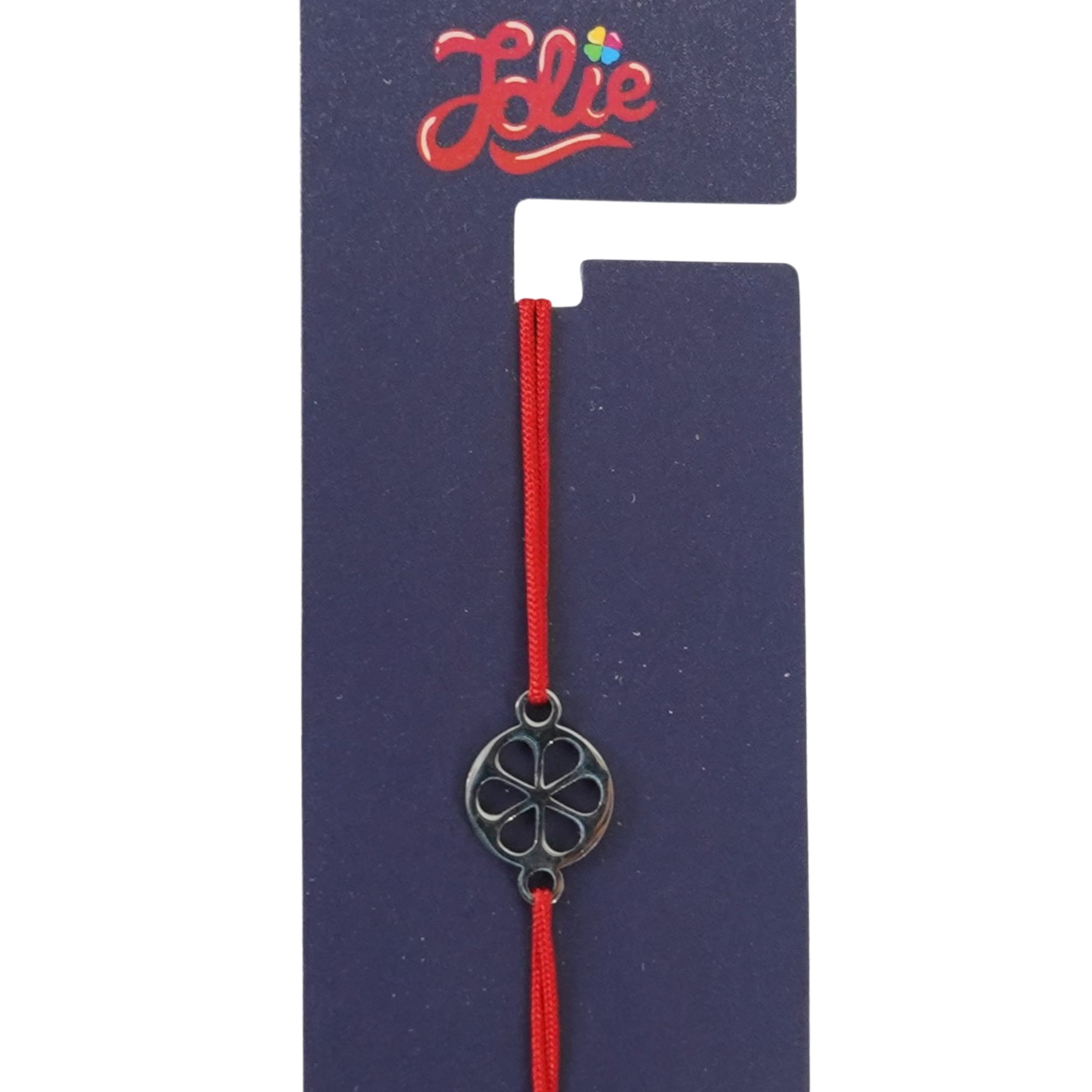 Martisor Bratara din Inox pentru Copii, Jolie, Textil si Inox, Snur Rosu, Model Floare, Argintiu