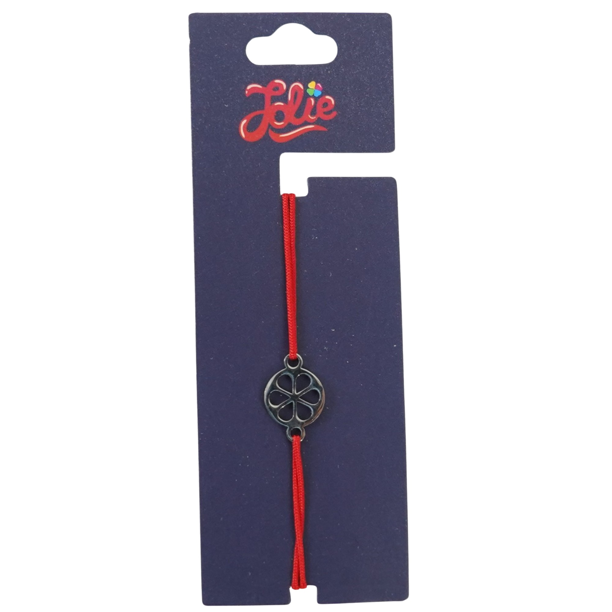 Martisor Bratara din Inox pentru Copii, Jolie, Textil si Inox, Snur Rosu, Model Floare, Argintiu