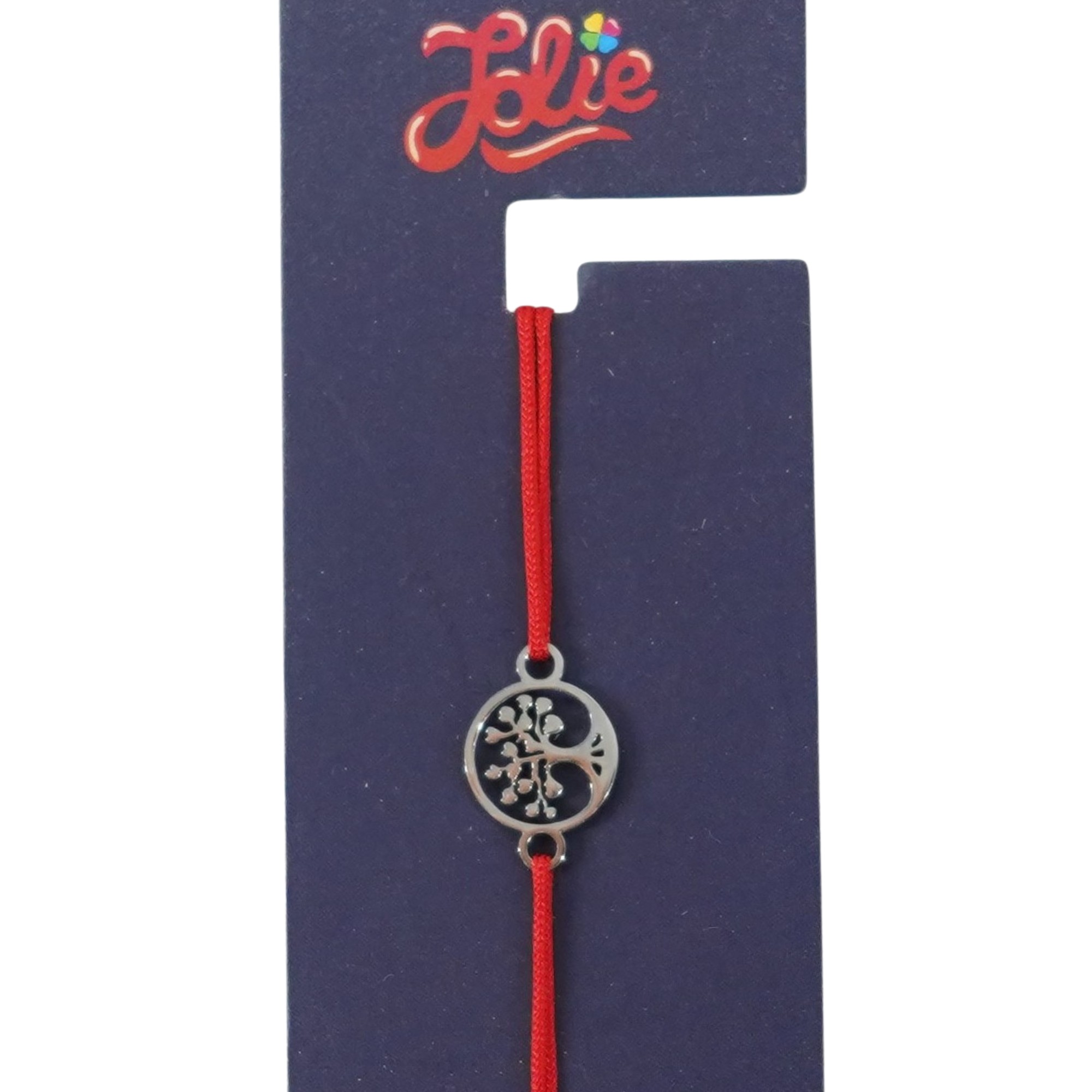 Martisor Bratara din Inox pentru Copii, Jolie, Textil si Inox, Snur Rosu, Model Copacul Vietii, Argintiu