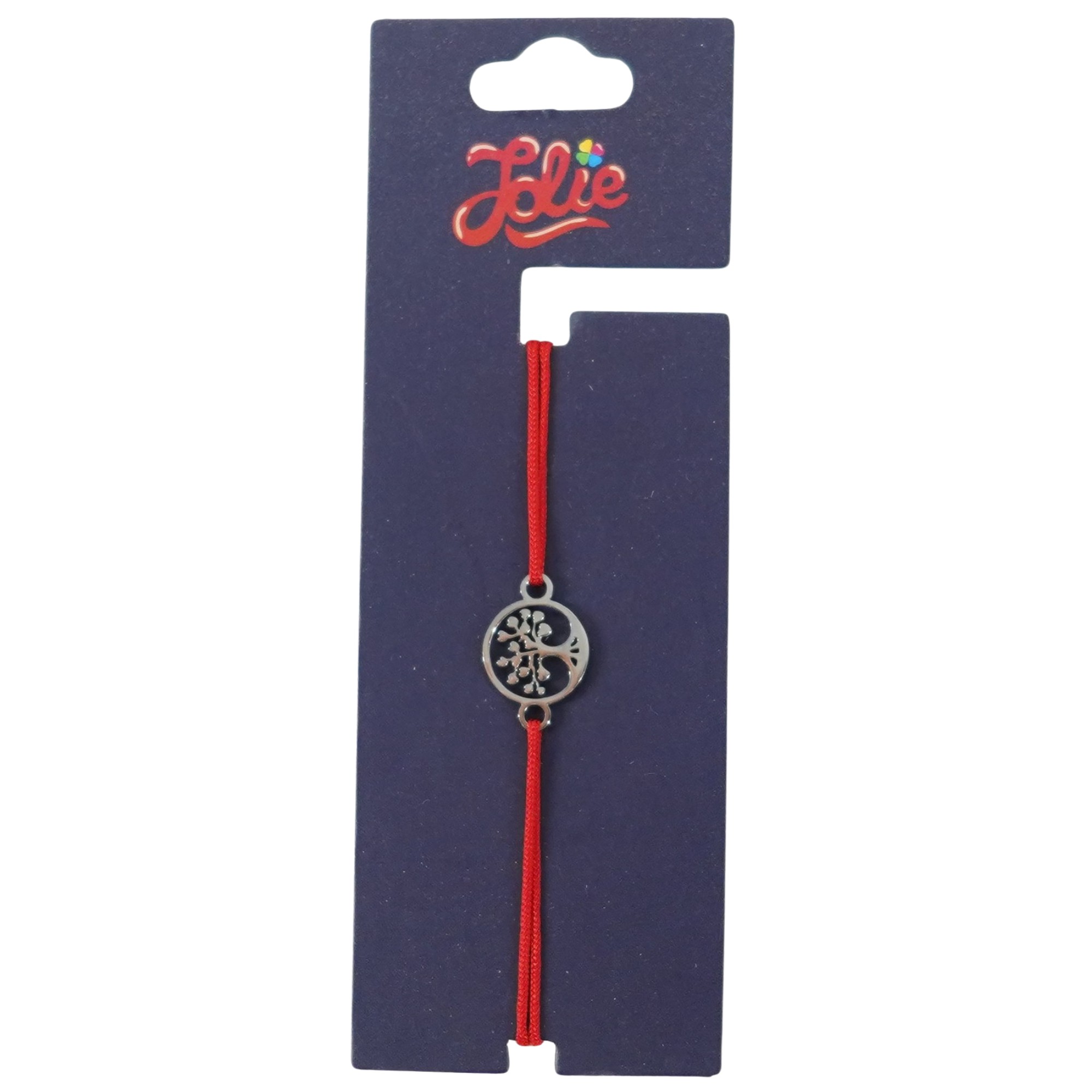 Martisor Bratara din Inox pentru Copii, Jolie, Textil si Inox, Snur Rosu, Model Copacul Vietii, Argintiu