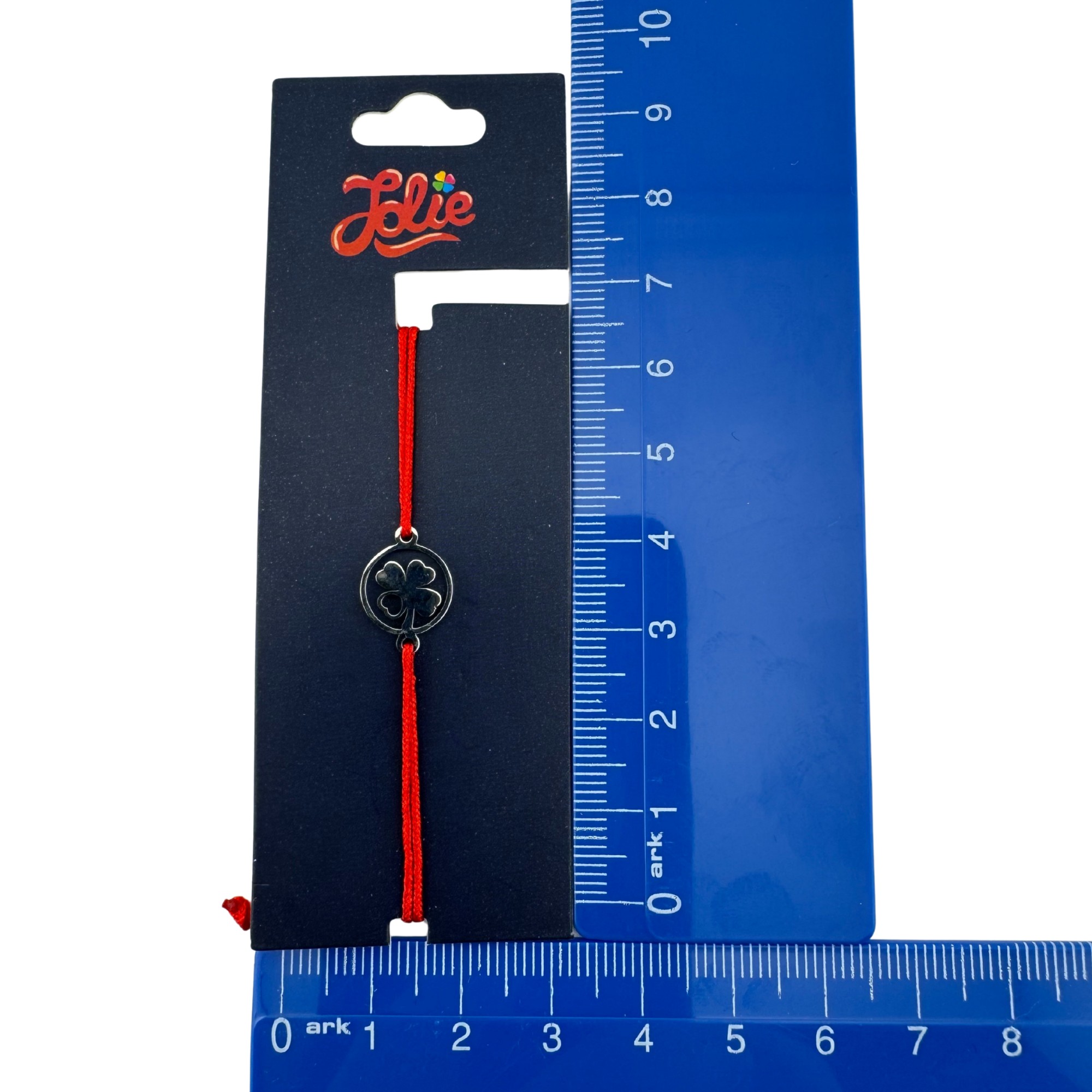 Martisor Bratara din Inox pentru Copii, Jolie, Textil si Inox, Snur Rosu, Model Trifoi Norocos, Argintiu